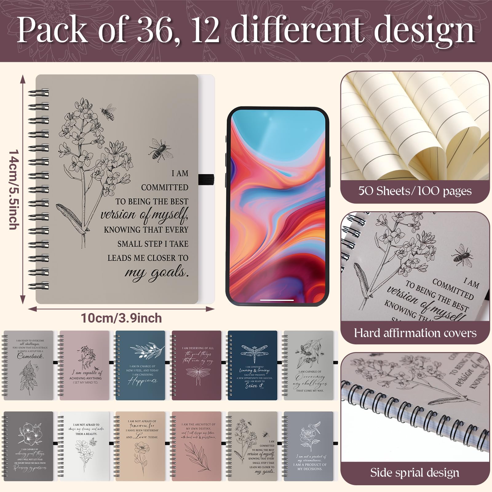 Kosiz Lot de 72 journaux à spirale avec stylos - Cadeaux d'affirmation positive en vrac pour femme - Carnet de motivation - Cadeau de bien-être pour étudiants, employés, collègues, enseignantes