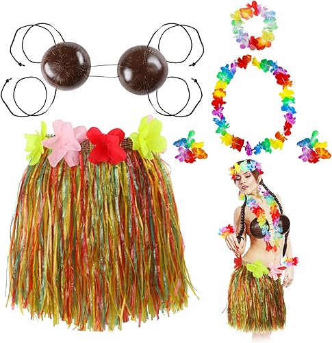 Tigeen 6 Pcs Coconut Bra Hawaiian Grass Hula Skirt Costume Set Dance Leis Outfit for Women Luau Party Supplies,15.7 Inch