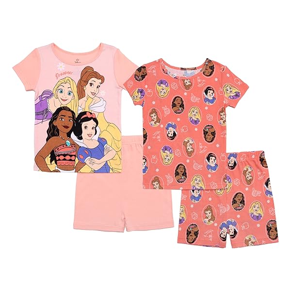 Disney Girls' 4-Piece Snug-fit Cotton Pajama Set, Soft & Cute for Kids