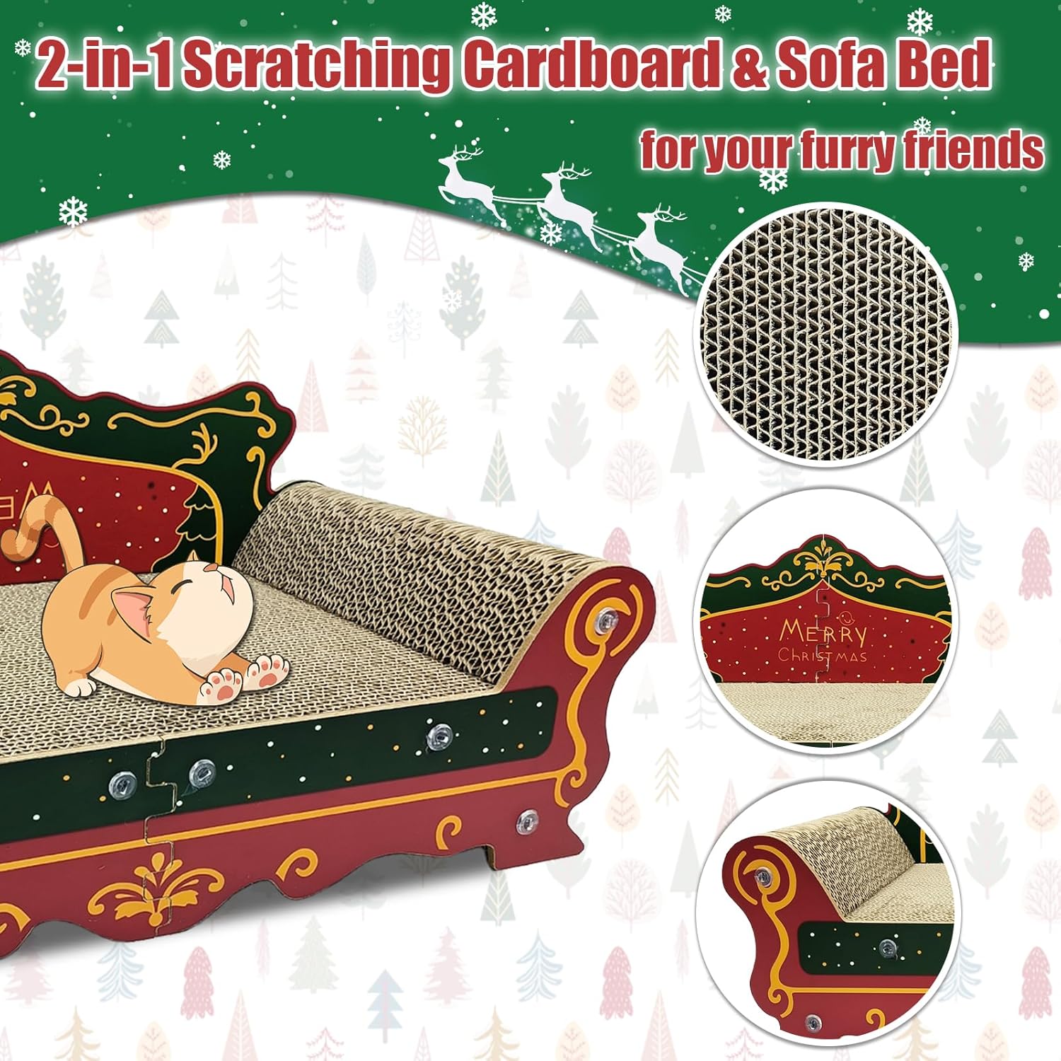 Luxury Cardboard Cat Scratcher Sofa Bed, Couch Shaped Scratching Board, Scratch Lounge with Catnip, Scratcher for Indoor Cats Large (Red)