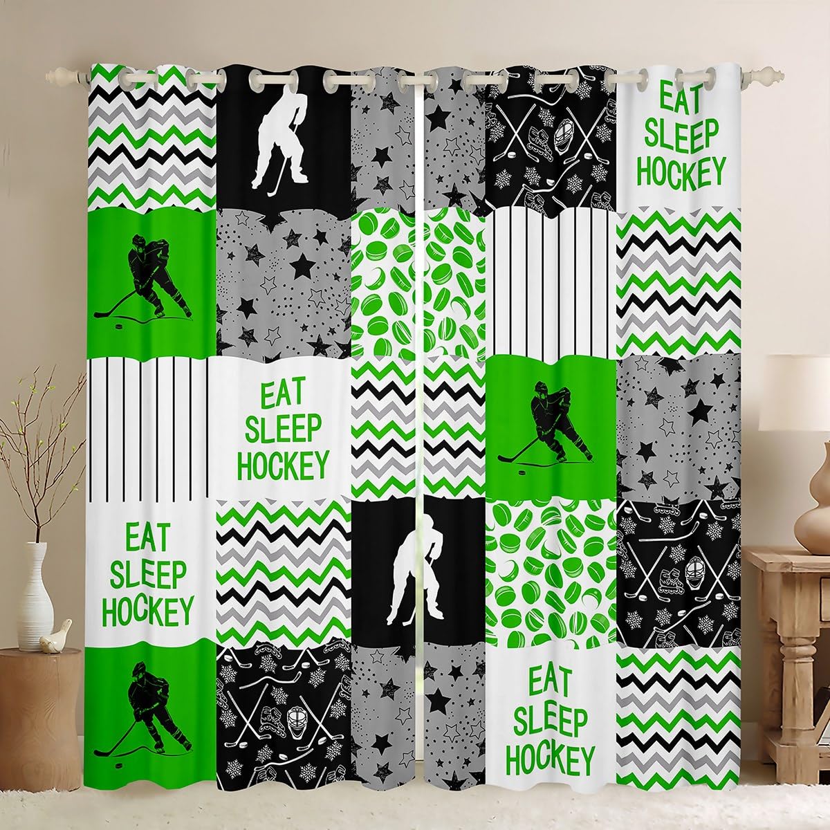 Boys Ice Hockey Window Curtains, Hockey Player Curtains Geometric Ripple Plaid Window Treatments Kids Teens Puck Sports Games Thermal Insulated Window Drapes For Living Room Decor, Green 42