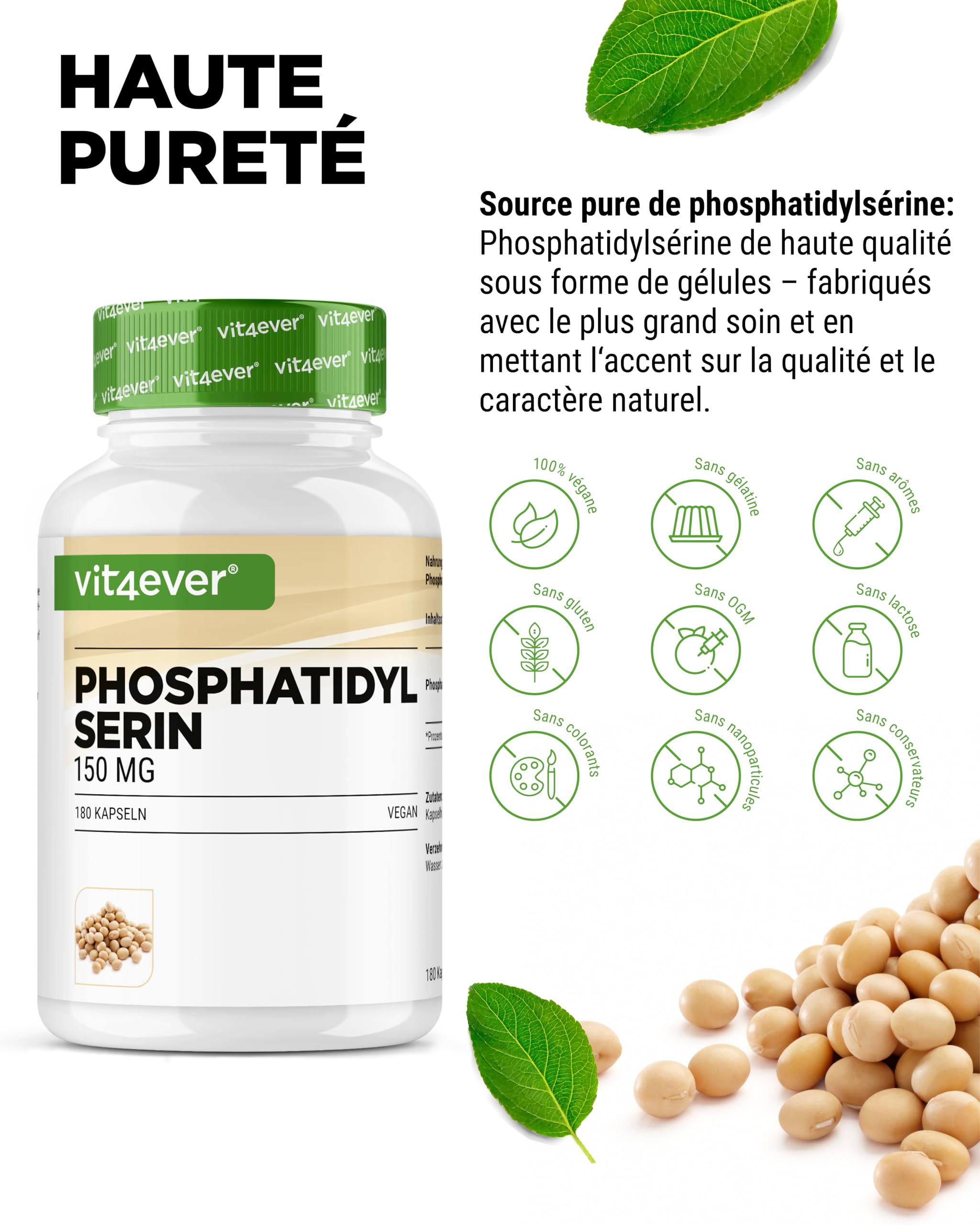 vit4ever Phosphatidylsérine Gélules - 300 mg par Dose Journalière - 180 Gélules - Hautement Dosé - Phospholipide PS - Vegan - Sans Additifs Inutiles
