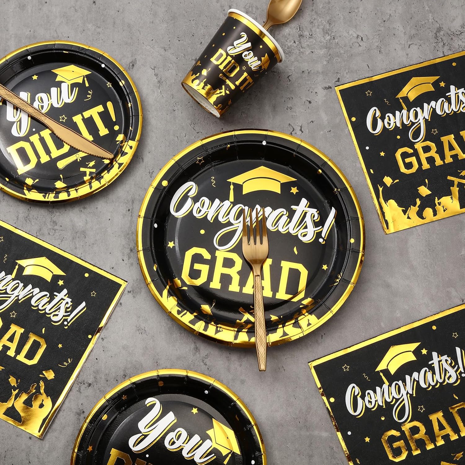 400 Pcs 2026 Graduation Party Supplies Set Black Gold Graduation Plates Cup Napkin Fork Knife Spoon Straw Disposable Dinnerware Set for Congrats Grad Party Decorations