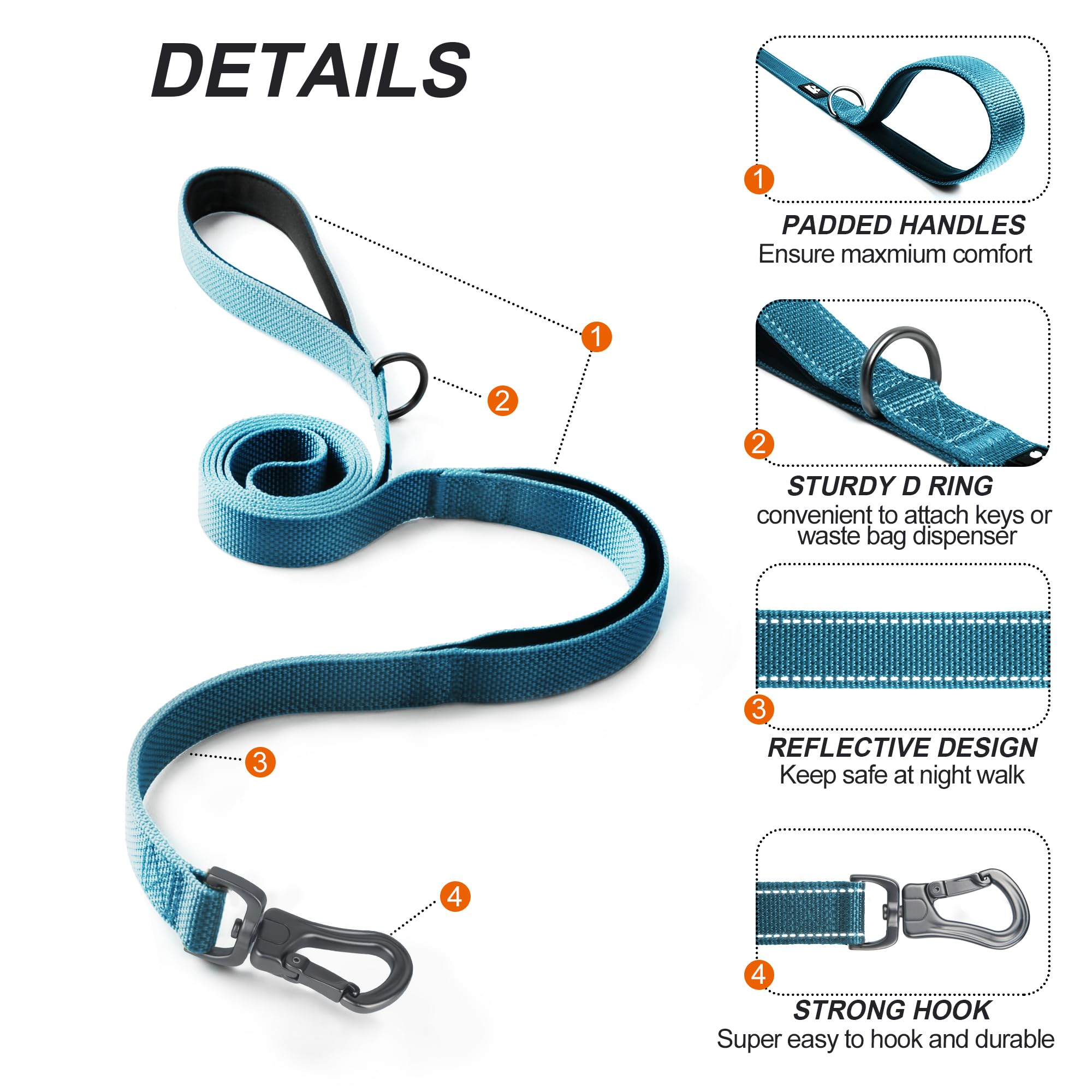 TwoEar 6FT 1IN Strong Blue Dog Leash with 2 Padded Handles, Traffic Handle Extra Control, Comfortable Soft Dual Handle, Auto Lock Hook, Reflective Walking Lead for Small Medium and Large Dogs