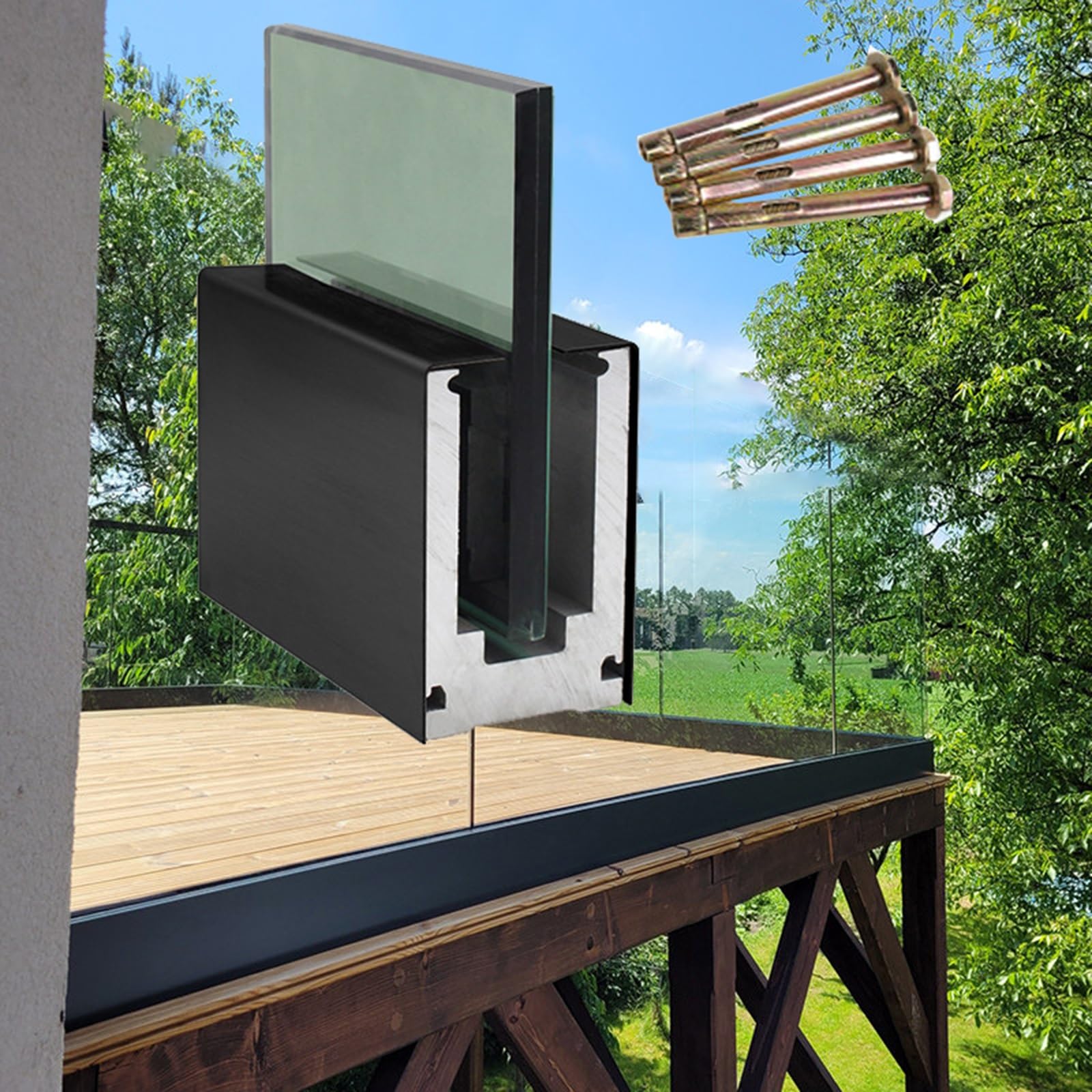 ZAQYCM Glasklemme Rahmenloses Glas Aluminium Deckgeländer 1m Länge, Glasgeländer U Profil Basis Mit Beschlägen Für Balkon Innenloft Treppen Und Kommerzielles Hotel(for 1/2in(12mm) Glass,Floor Mount)