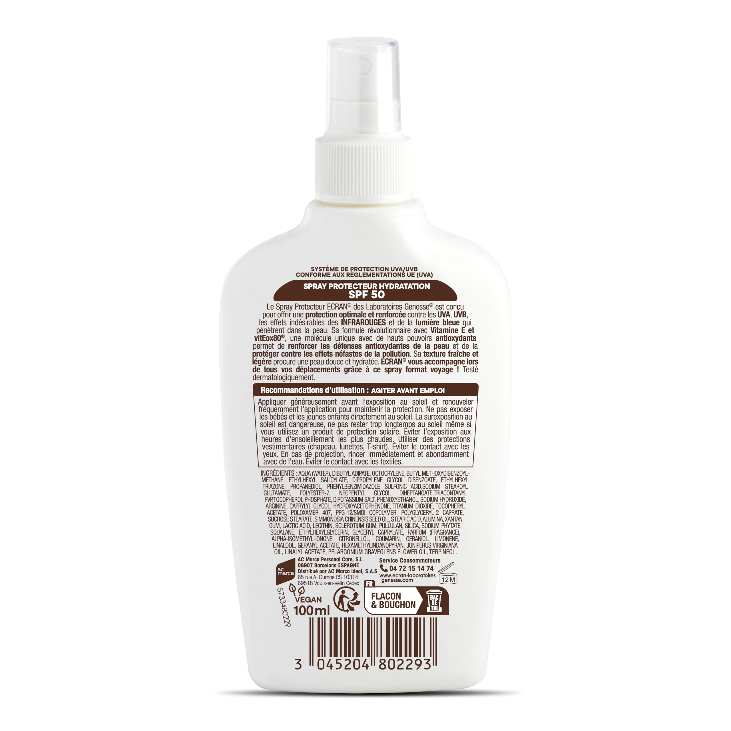 ECRAN® - Spray Protecteur Hydratant - Haute Protection - Technologie vitEox80 - Vitamine E - Protection UVA, UVB, Coups de Soleil - Protection Solaire SPF 50 - Bronzage naturel - Format Voyage