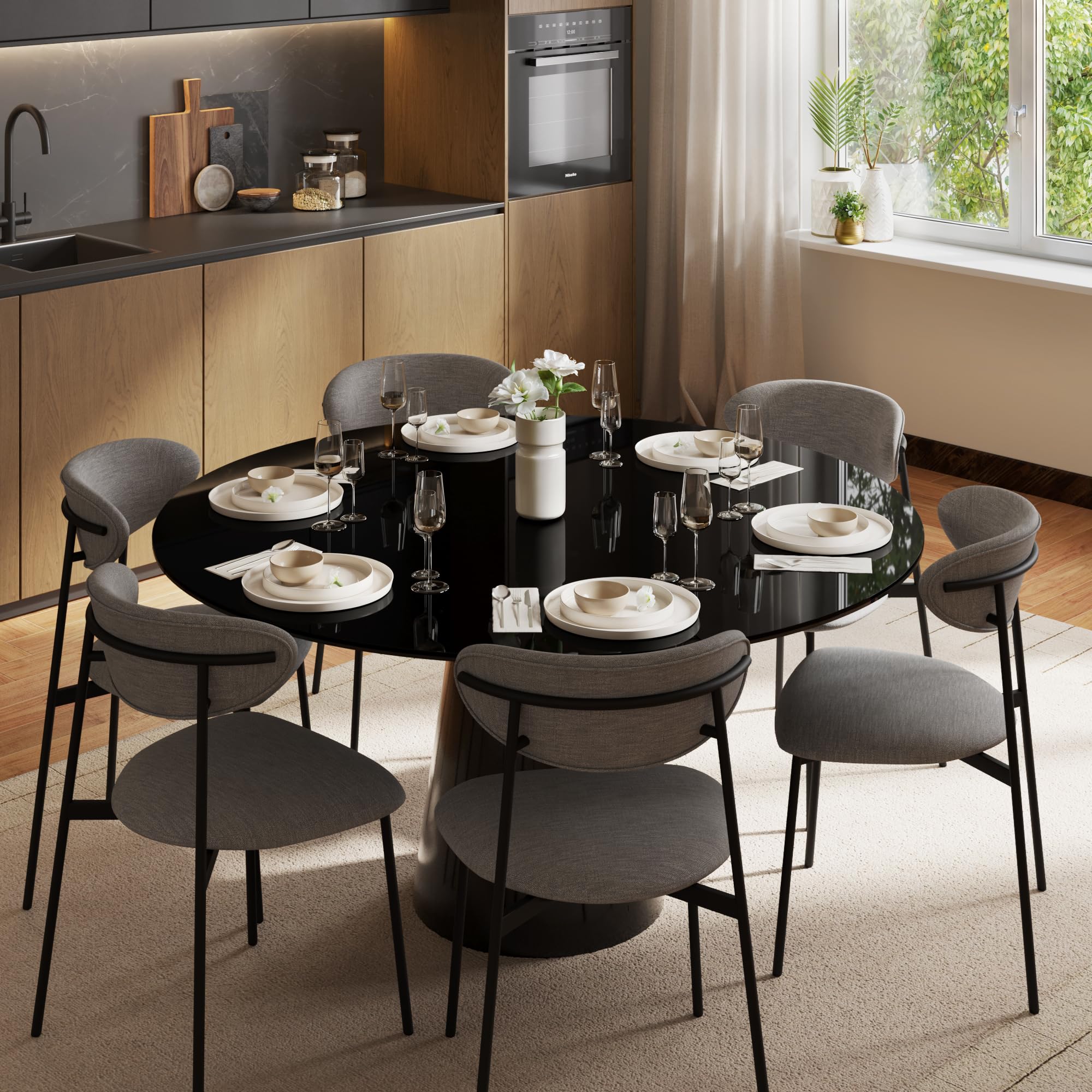 Wakefit Santol Dining Table - 6 Seater I Round Toughned Tinted Glass | Black-image-16