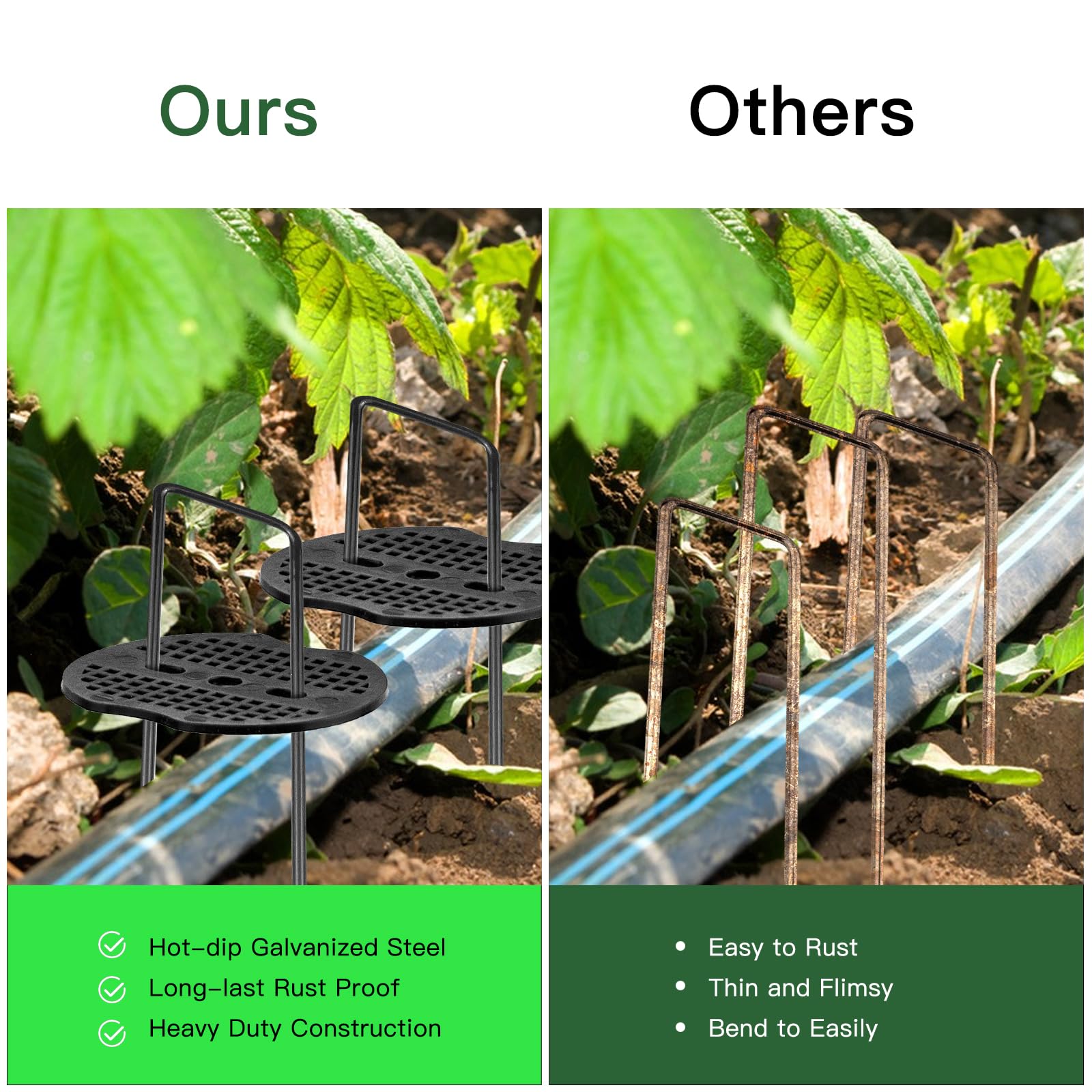 COONE Poli da giardino a forma di U + 10 picchetti da giardino in plastica da 10,9 cm + 20 rondelle tampone + 1 gancio per grimaldelli, graffette da giardino in metallo per bordi paesaggistici