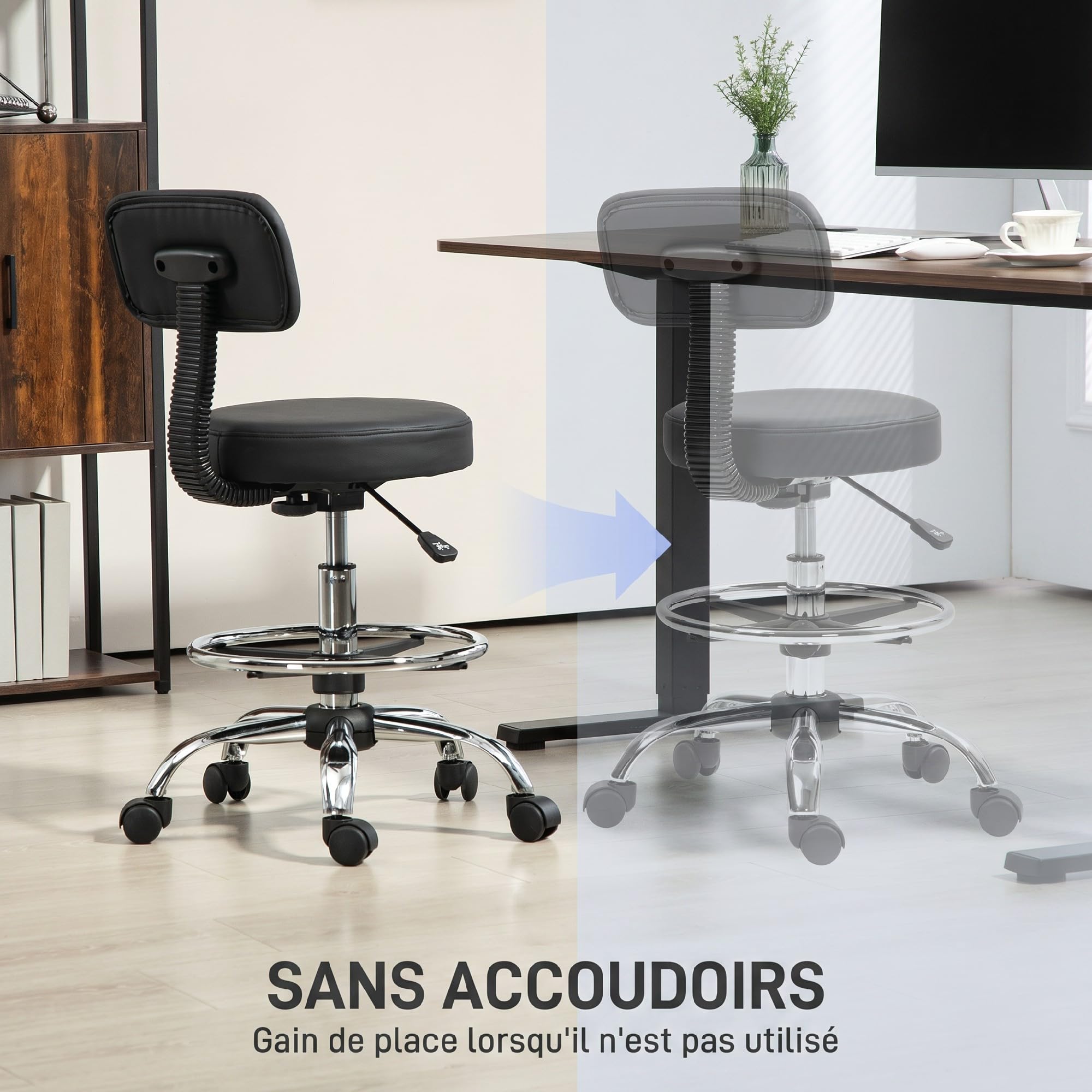 HOMCOM Chaise de Bureau Ergonomique Dossier Réglable Repose-Pieds Noir | Chaise de Dessin Sans Accoudoirs, Hauteur Ajustable, Pivotante à 360°, Tabouret Bureau