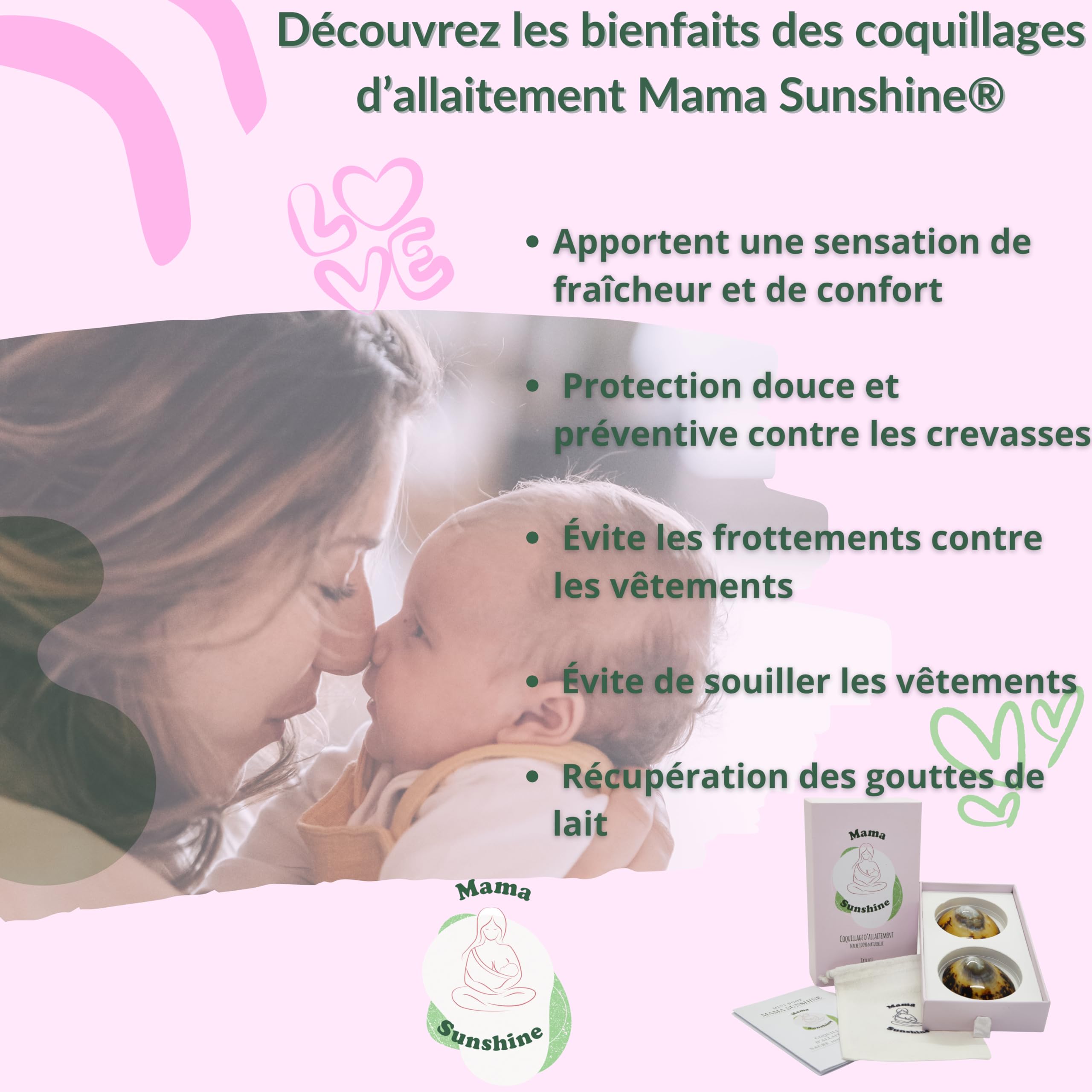 Coquillages d’Allaitement Mama Sunshine – Nacre Naturelle – Protège-Mamelons Réutilisables – Boîte Rigide + Pochette – Taille M (5,5 à 6 cm)