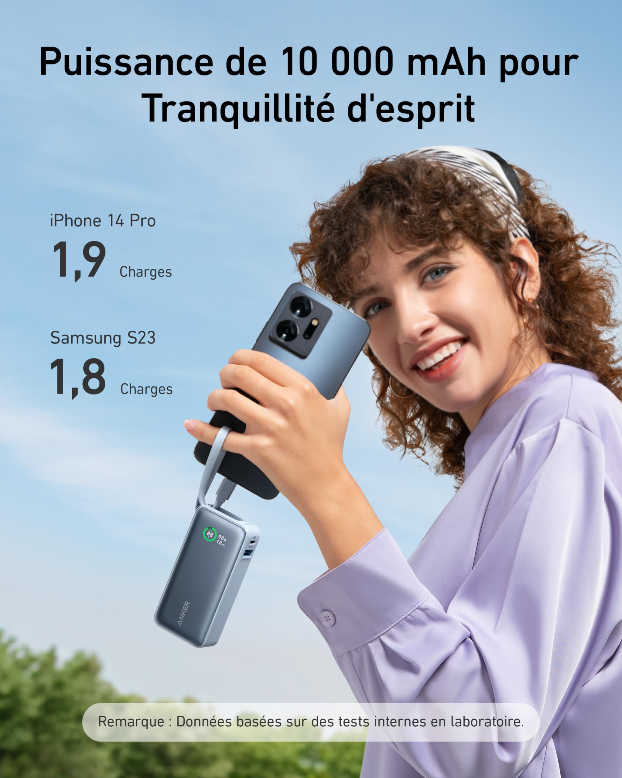 Anker Nano Batterie Externe 10000 mAh avec câble USB-C intégré, Puissance maximale PD 30 W avec 1 Port USB-C & A, Compatible avec iPhone 17 Pro Max16//15/14/13, MacBook, Galaxy, iPad, AirPods