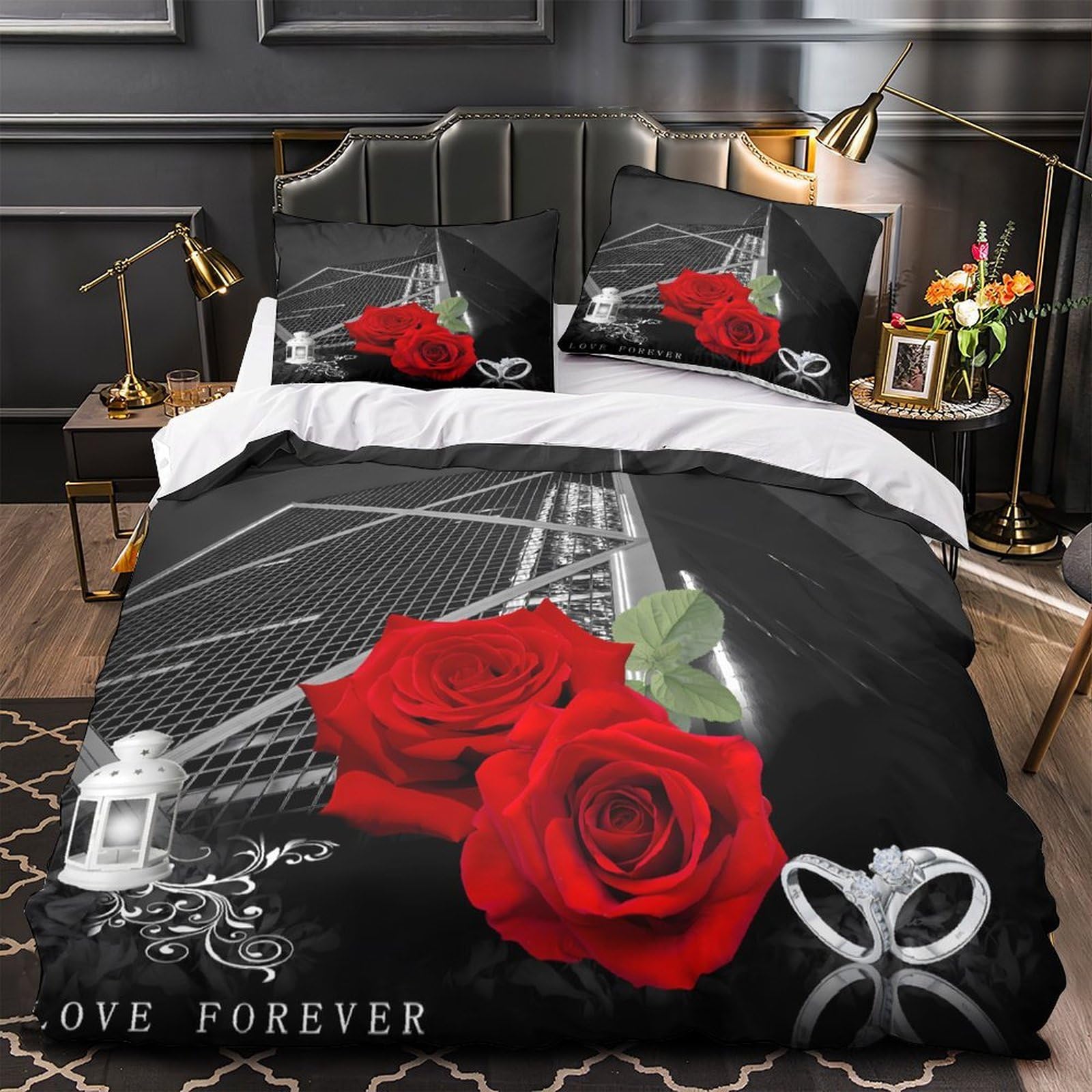 Housse de couette zippée confortable roses 3D pour un lit simple sans plis