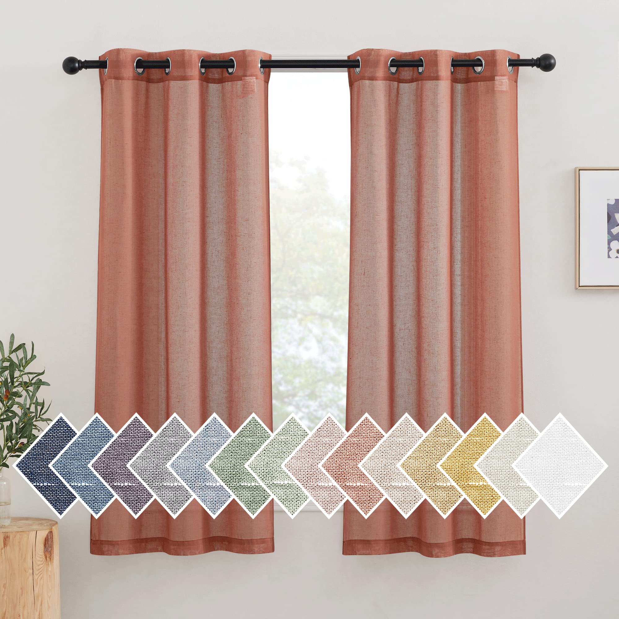 NICETOWN Burnt Orange Linen Curtains 63 inch Length 2 Panels Set, Grommet Semi Sheer Window Drapes Linen Blend Rustic & Casual Privacy with Light