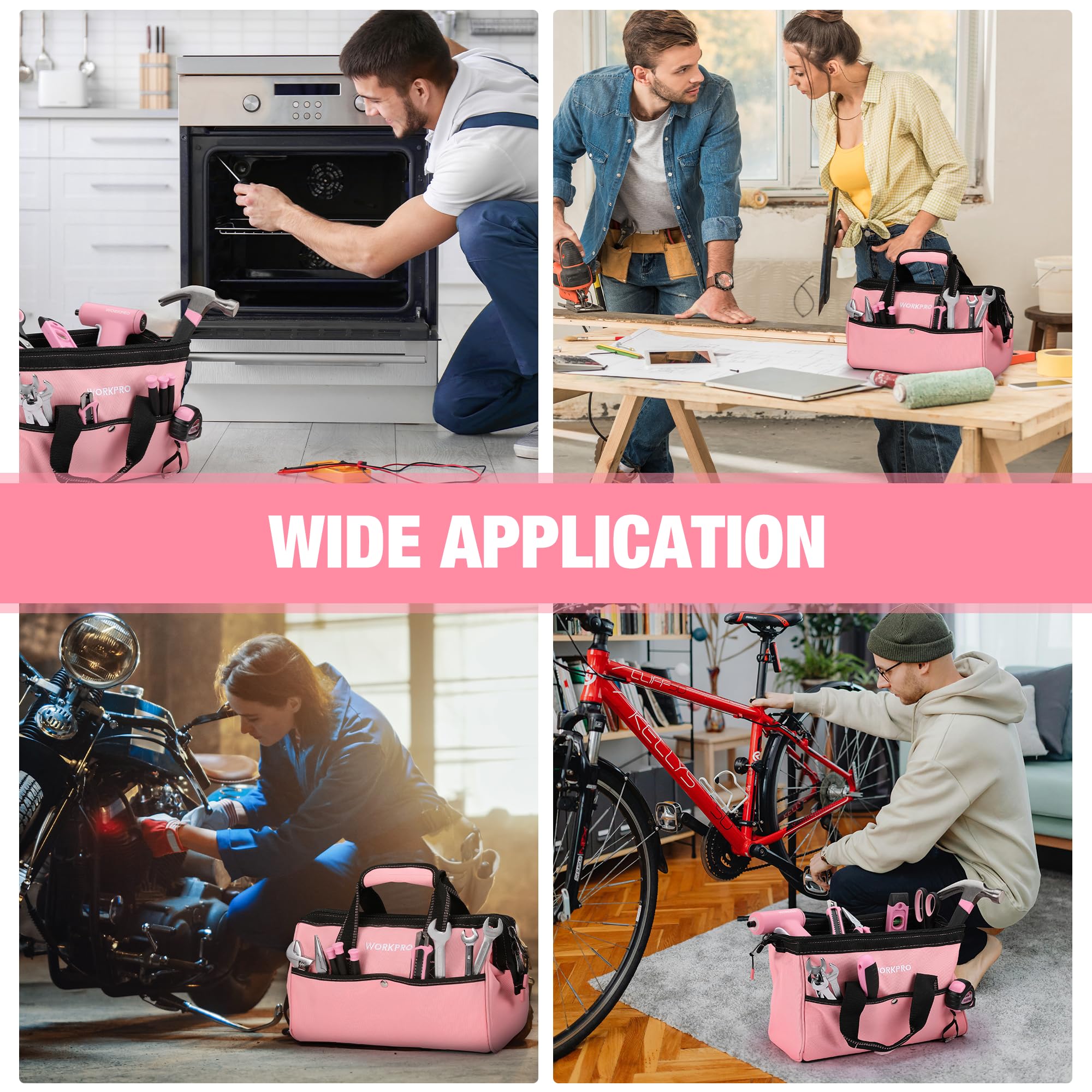 WORKPRO Bolsa de herramientas de 13 pulgadas, bolsa de almacenamiento de herramientas de tela suave rosa, bolsa de herramientas de boca ancha con bolsillos interiores, cinta rosa