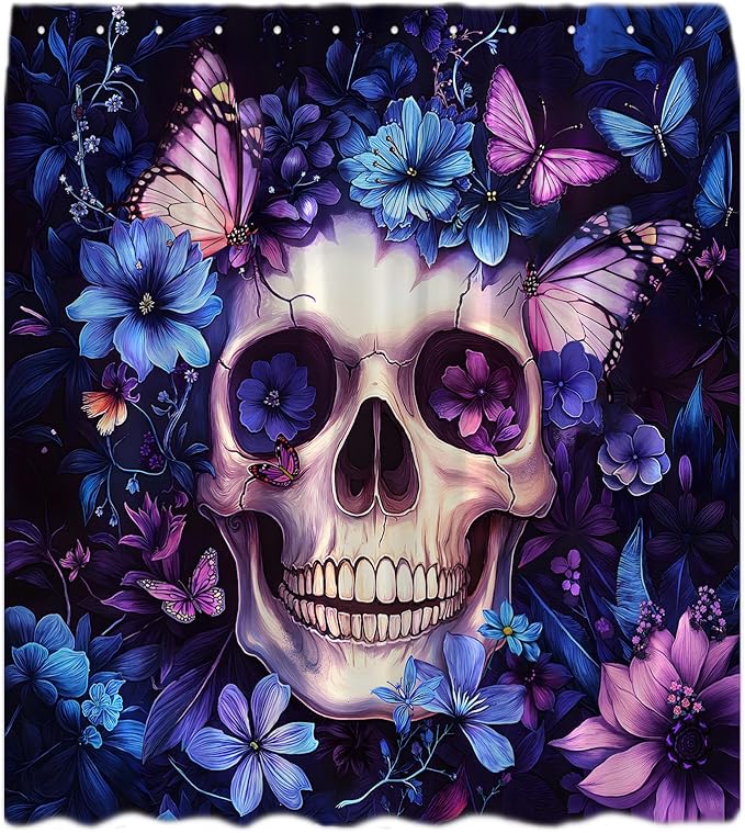 Sugar Skull Shower Curtain Gothic Halloween Blue Purple Floral Butterfly Spooky Skeleton Horror Hippie Holiday Bathroom Curtains Decor with Hooks