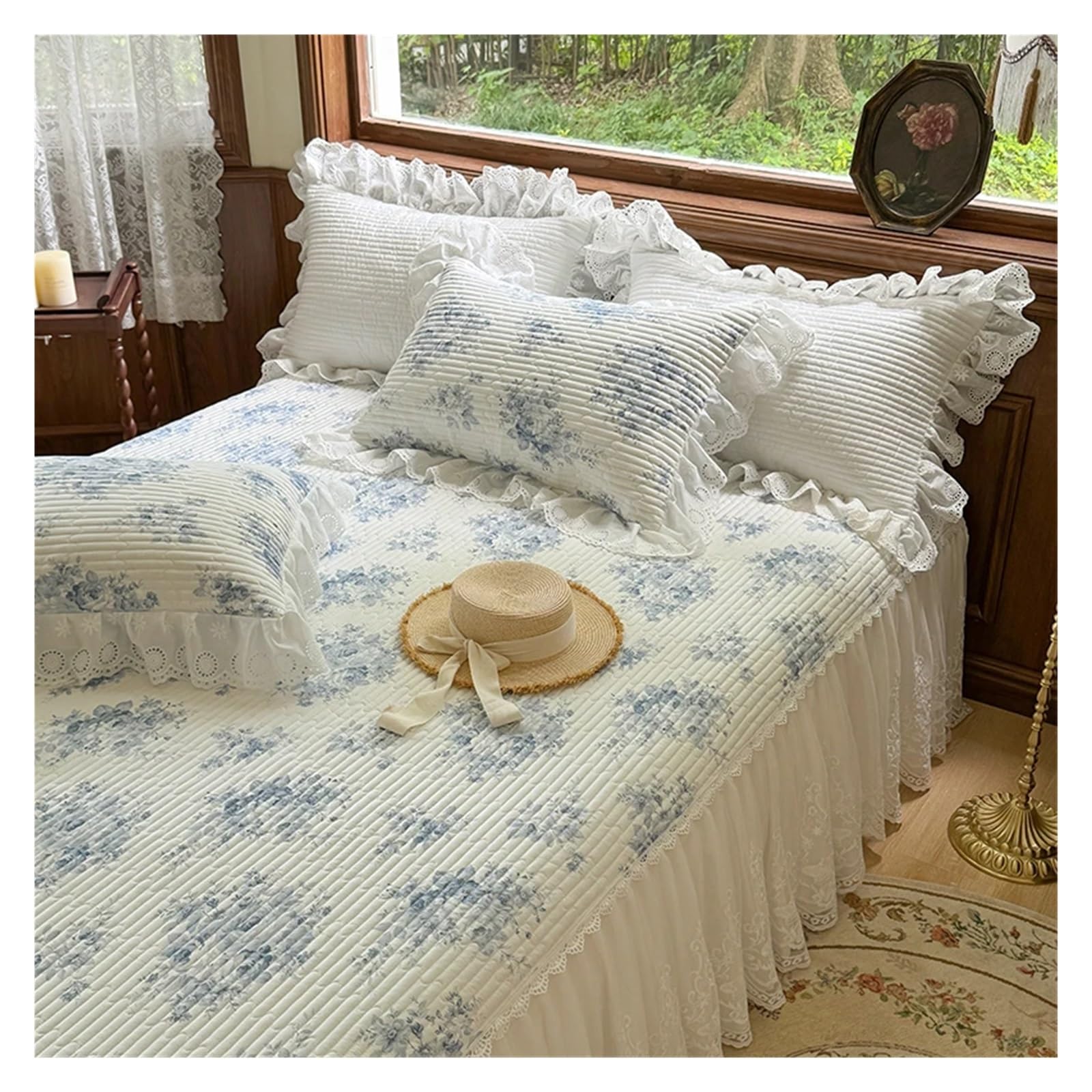 3Pcs Lace Ruffles Quilted Skirt, Mattress Cover Sheet, With Pillowcases, Suitable For 1.2M/1.5/1.8/2M Bed(6,150X200cm 3pcs)