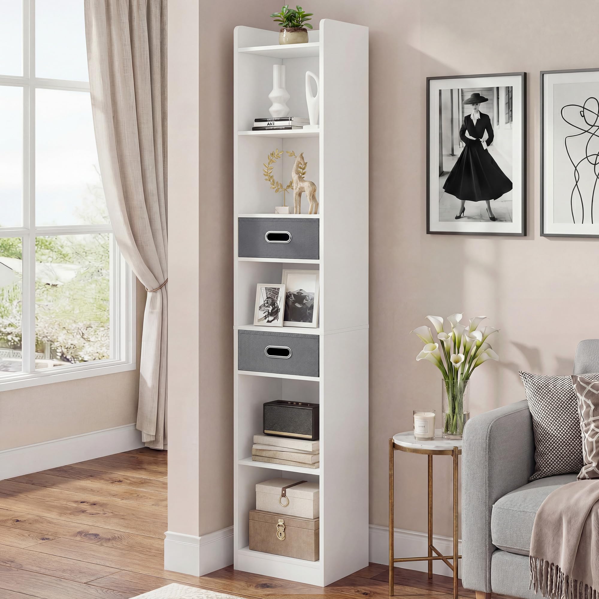 YITAHOME Hohes schmales Bücherregal Eckregal 5 Ebenen 2 Stoffschubladen freistehend Weiß 30x24x180 cm