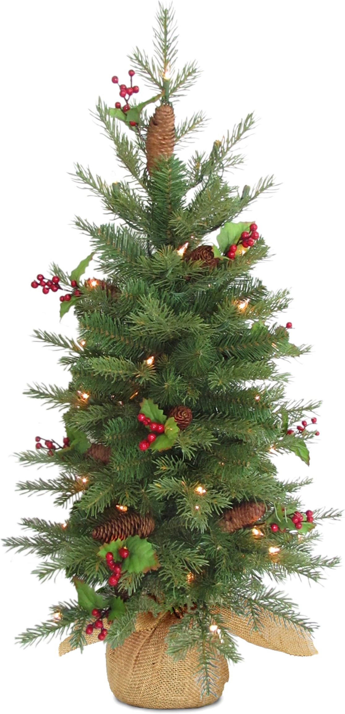 National Tree CompanyFeel Real' Pre-lit Artificial Mini Christmas Tree | Includes Small White LED Lights, Pine Cones, Red Berries and Cloth Bag Base | Nordic Spruce Burlap - 3 ft