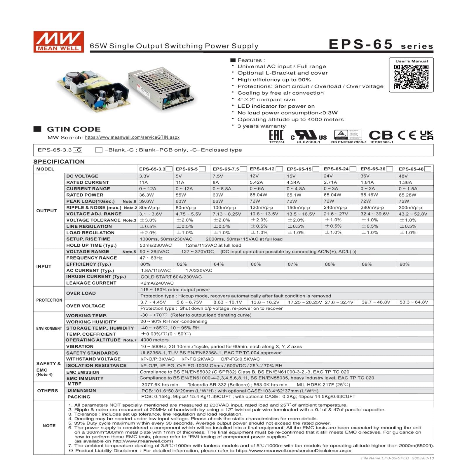 GMQVMABI Mean Well EPS-65S EPS-65S-3.3 EPS-65S-5 EPS-65S-7.5 EPS-65S-12 EPS-65S-15 EPS-65S-24 EPS-65S-48 MEANWELL EPS 65S 65W