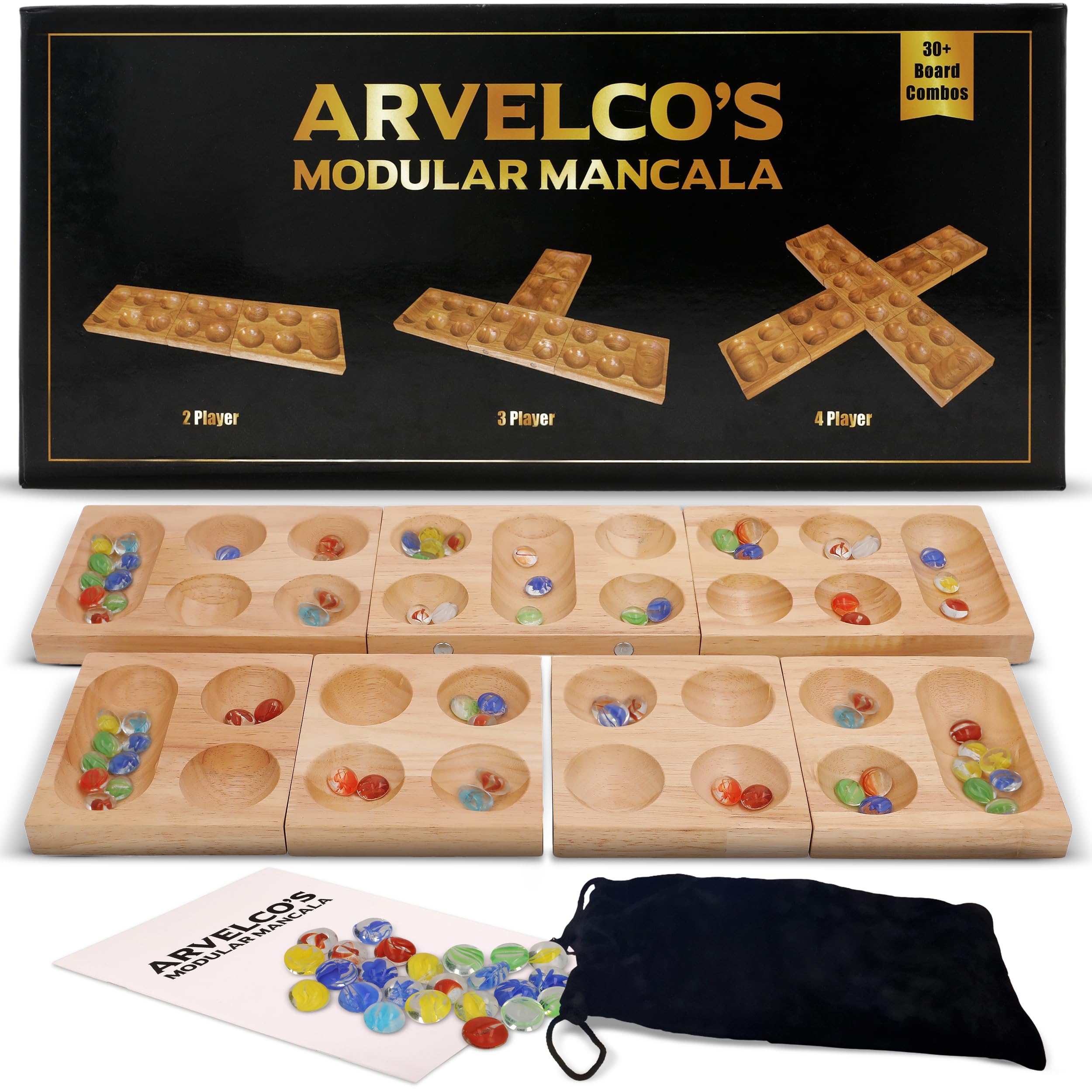 Mancala Board Game - Modular and Magnetic, 2 to 4 Players, 30 Board Variations, 52 Single Player Puzzles, Adjustable Difficulty, 96 Glass Beads,