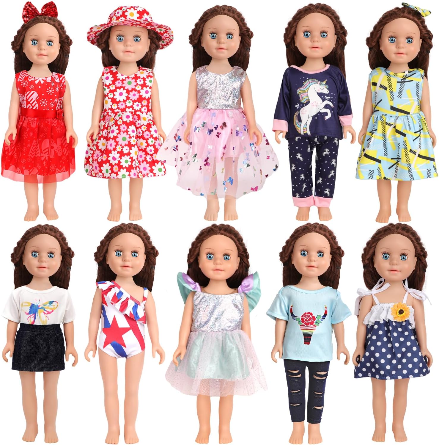 10 Sets of 18 Inch American Doll Clothes, Including 10 of Doll Clothing Dress Outfits for American Dolls, Birthday Gifts for Kids