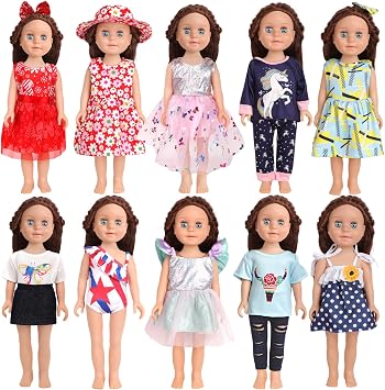 16 Piece Doll Clothes Set for 18 Inch Girl Dolls, 10 Bold Print and Party Outfits with Dresses, Sleepwear, Skirts and Casual Sets, No Doll Included