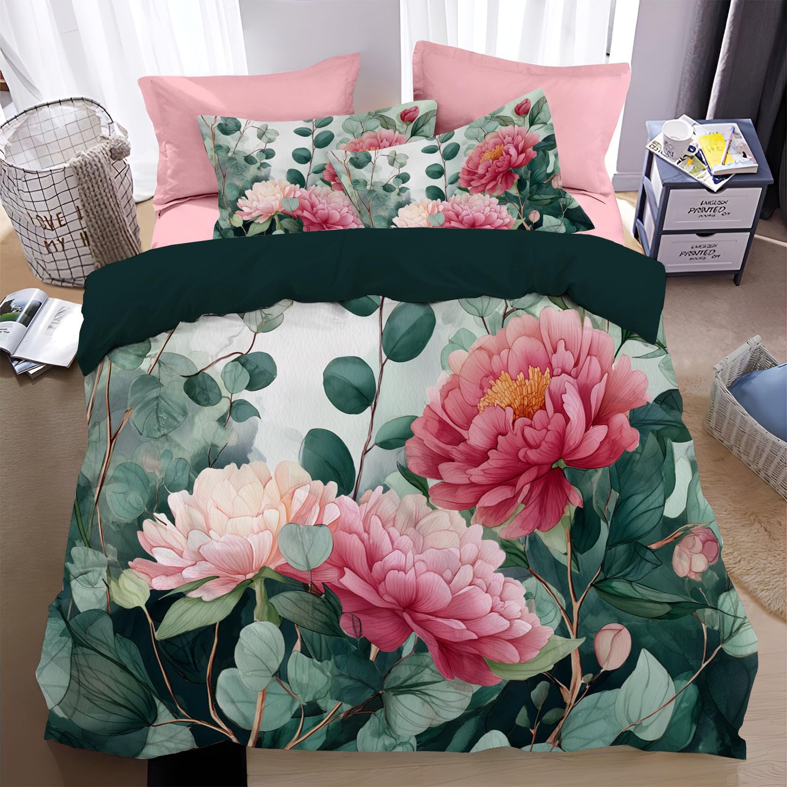 Housse de couette 220x240 vert menthe parure de lit 3 pièces sauge