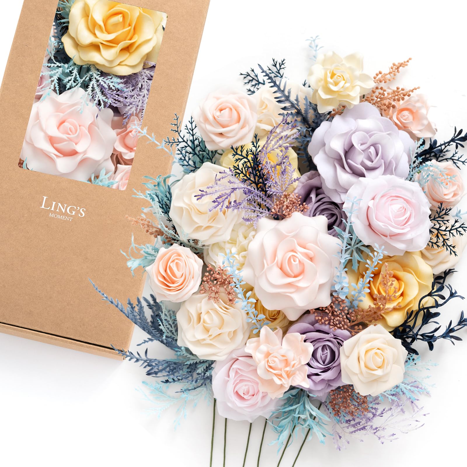 Ling's Moment 24 Fiori Artificiali In Schiuma Gardenia - Bouquet Fai Da Te Per Matrimoni, Centrotavola, Decorazioni Casa, Colori Malva E Fard, Con Stelo In Filo