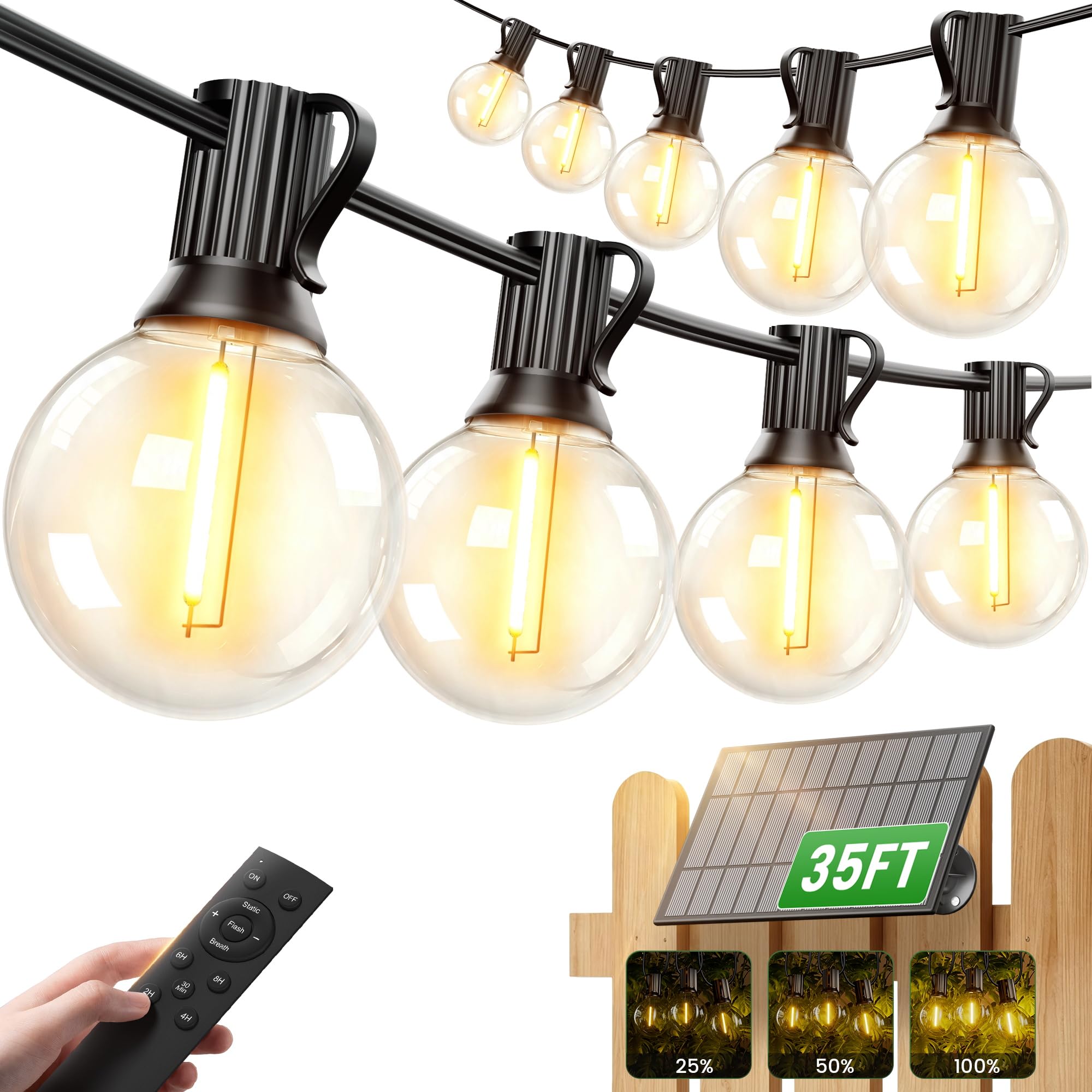 OHLUX 35FT Solar String Lights Outdoor with Remote, 15+2 Shatterproof LED Bulbs, Dimmable & Timer, 3 Modes Waterproof Solar Powered Patio Lights for Garden, Yard, Fence, Deck