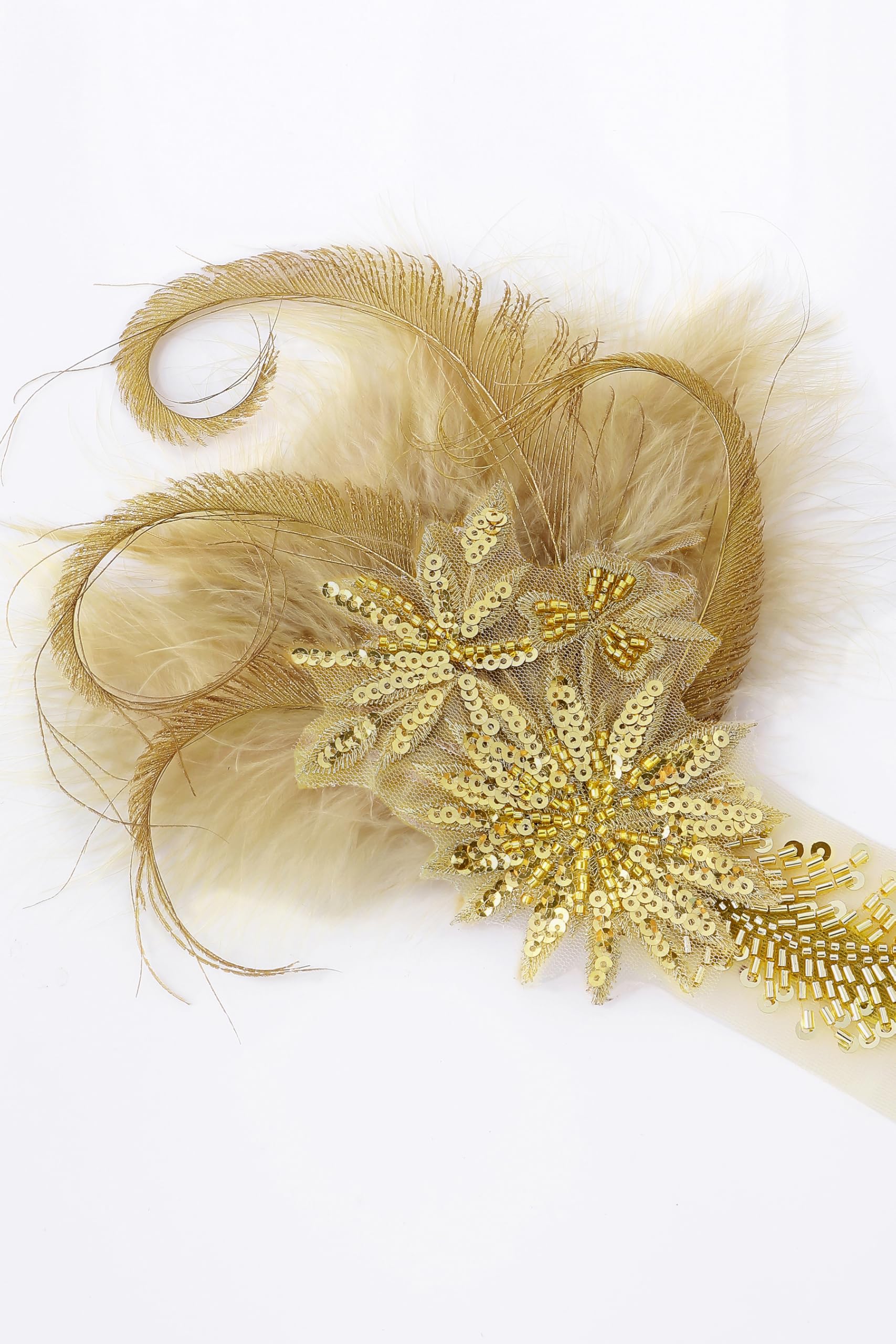 BABEYOND 1920er Jahre Feder-Flapper-Kopfschmuck – Gatsby Perlen-Pailletten-Stirnband, brüllende 20er-Jahre Accessoires für Damen (Gold)