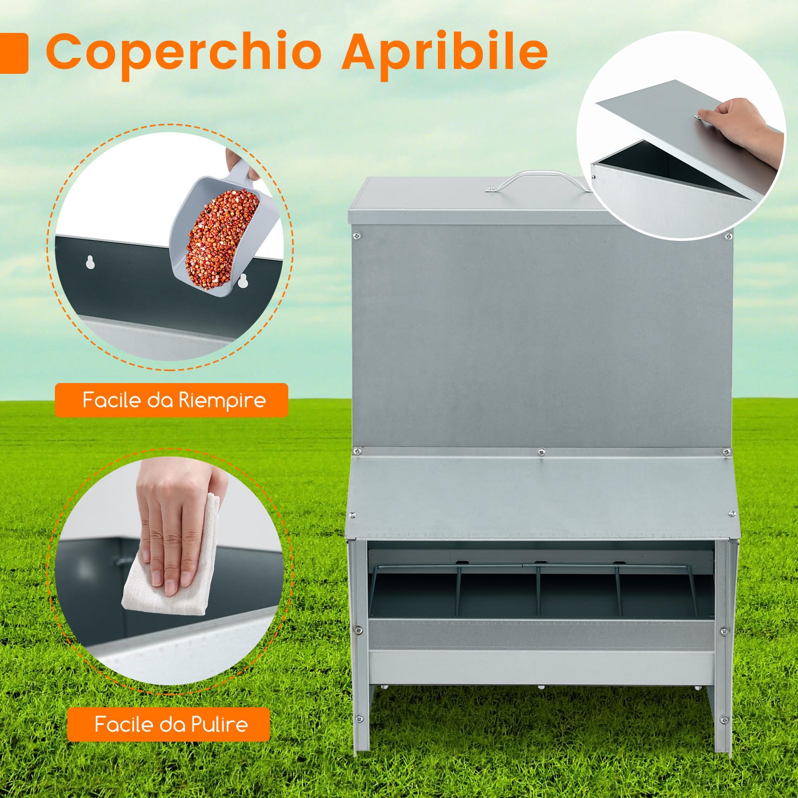 COSTWAY Mangiatore per Galline da 22kg in Acciaio Zincato, Mangiatoia Automatica a Muro con Coperchio, Forniture Agricole per Polli, Anatre, Tacchini e Oche, 35 x 35 x 55 cm