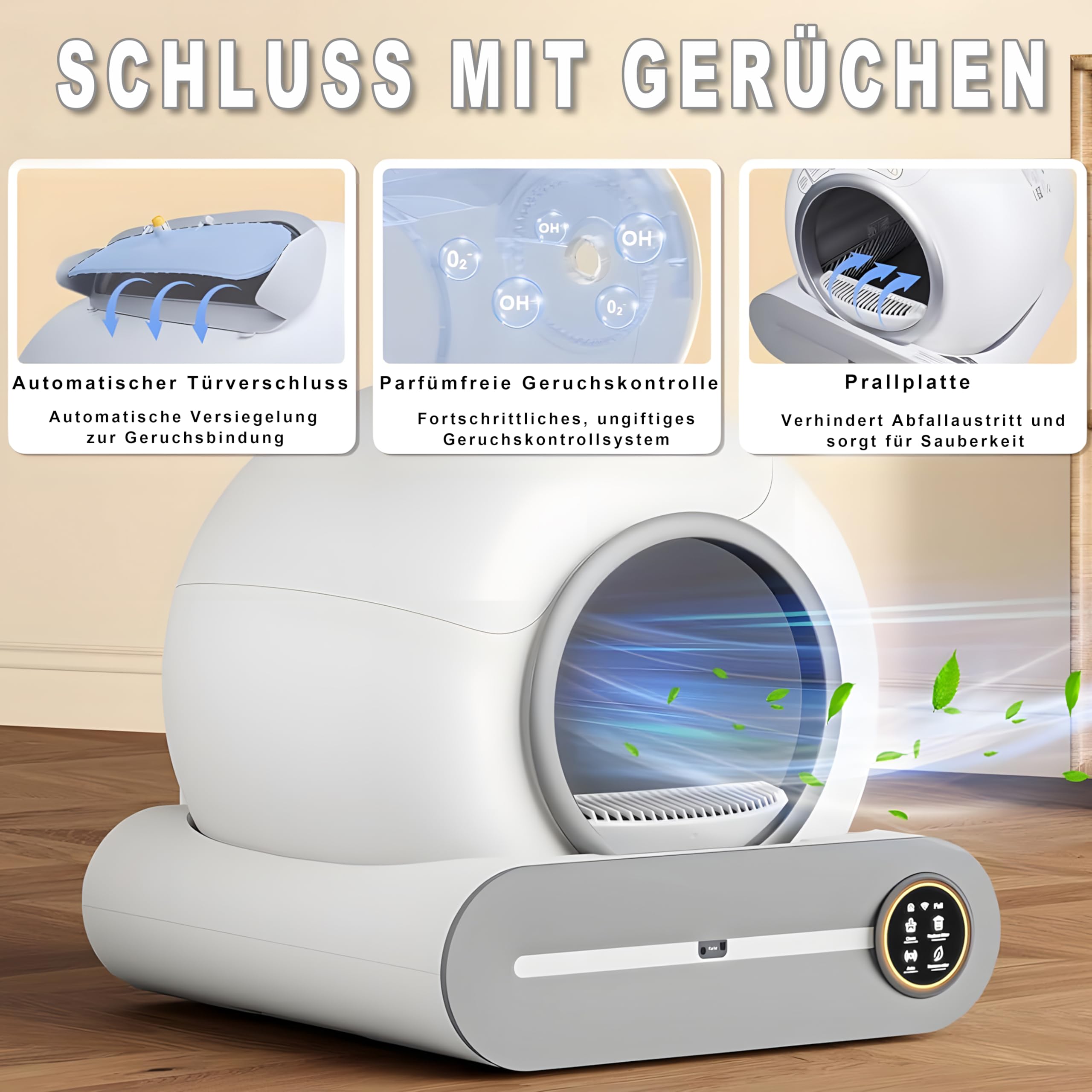 Selbstreinigende Katzentoilette, 65L+9L Selbstreinigende Toilette mit 5 Rollen Müllsäcken und 1 Fußmatten, Automatische Elektrisches Katzenklo, App Steuerung für Mehrere Katzen