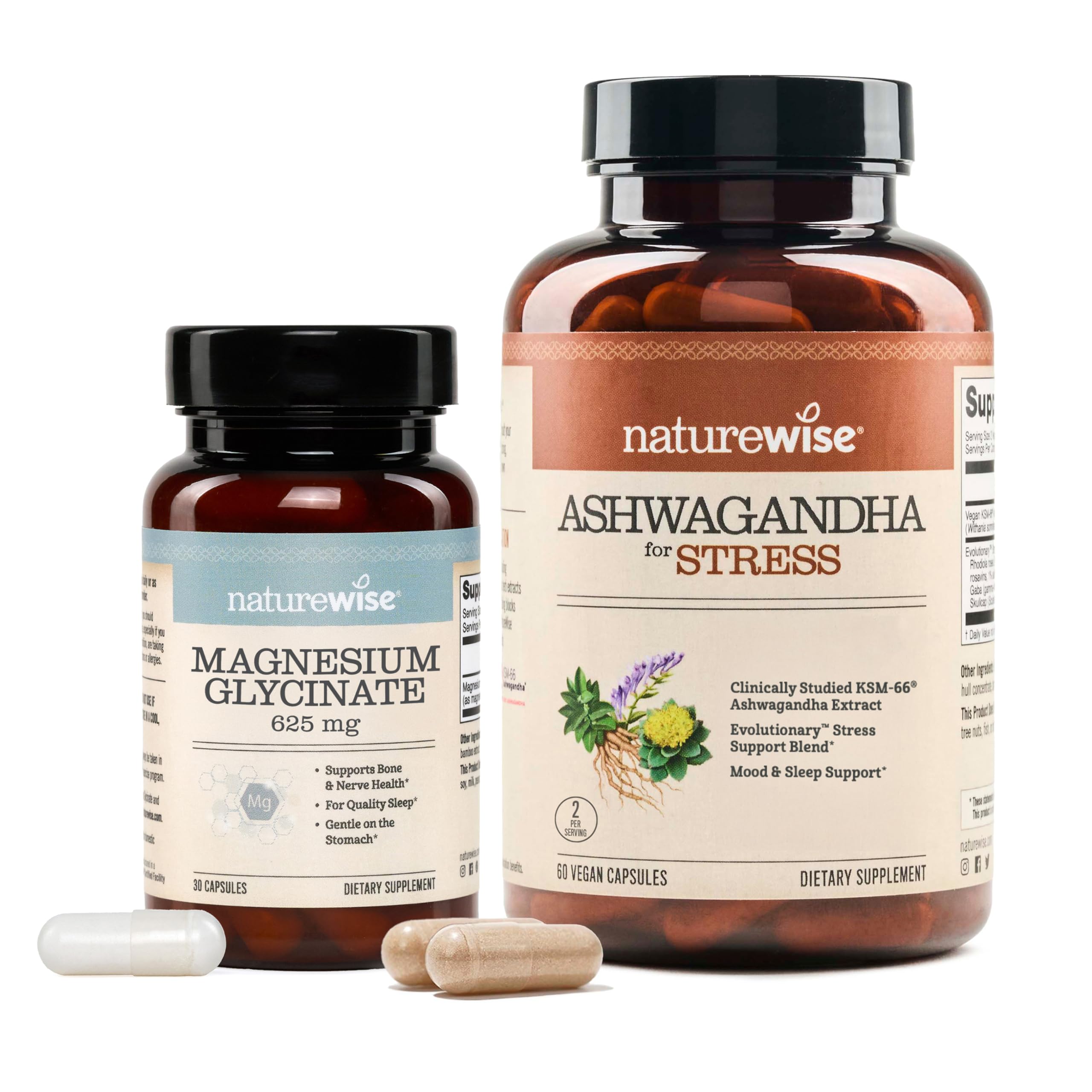 [1] NatureWise Magnesium Glycinate 625mg - Chelated Magnesium - 30 Capsules[30-Day Supply] + [1] Ashwagandha for Stress + GABA & L-Theanine - 60 Capsules[30-Day