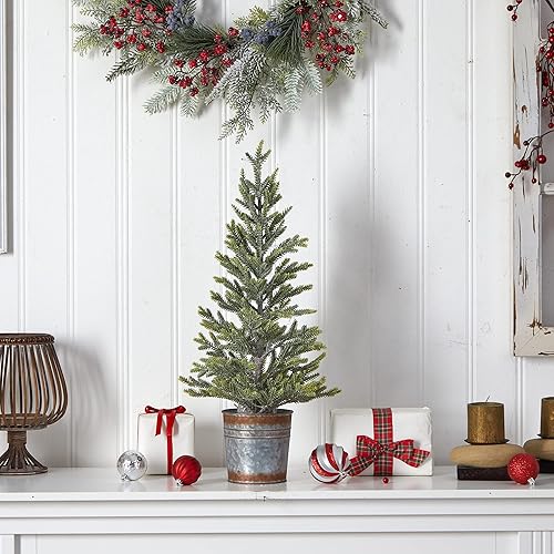 Miniatura 7 de Nearly Natural Árbol de Navidad artificial de pino de 26 pulgadas con 35 luces blancas cálidas en maceta de metal rústico
