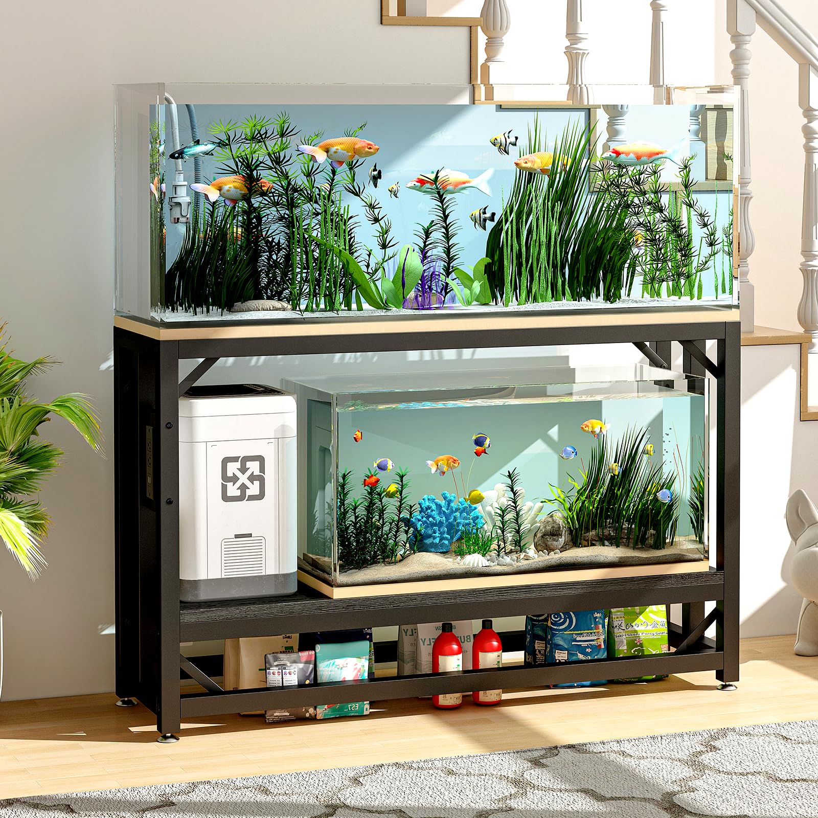 55 Gallon Fish Tank Stand with Power Outlet,Adjustable Aquarium Stand, Heavy Duty Terrarium Stand,Metal Frame Reptile Turtle Tank Stand Suitable for Home Office,860LBS Capacity, Black