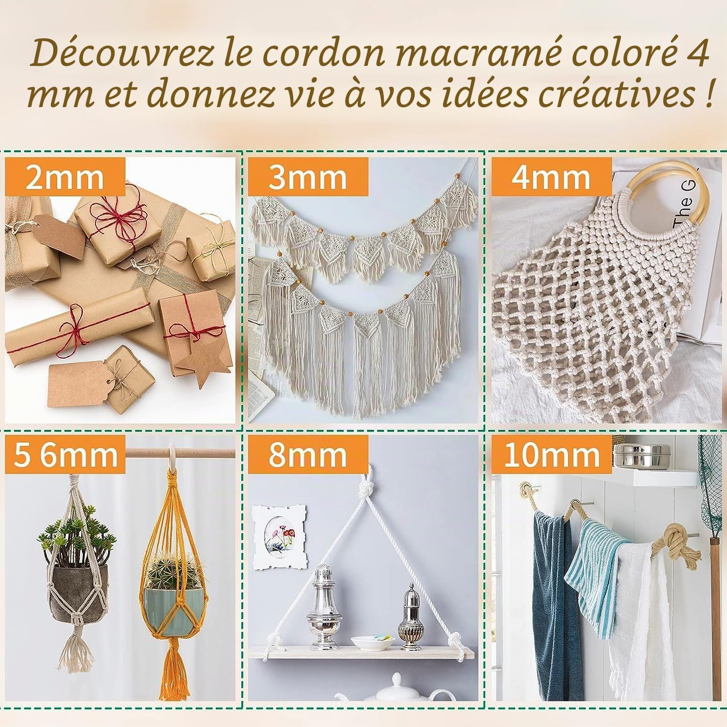 4 mm x 500 m Beige Cordon en Coton macramé Doux, 4 brins torsadés 100% Coton Naturel pour accrochage Mural, Bricolage, Artisanat, Tricot, accroche-Plantes, projets de décoration