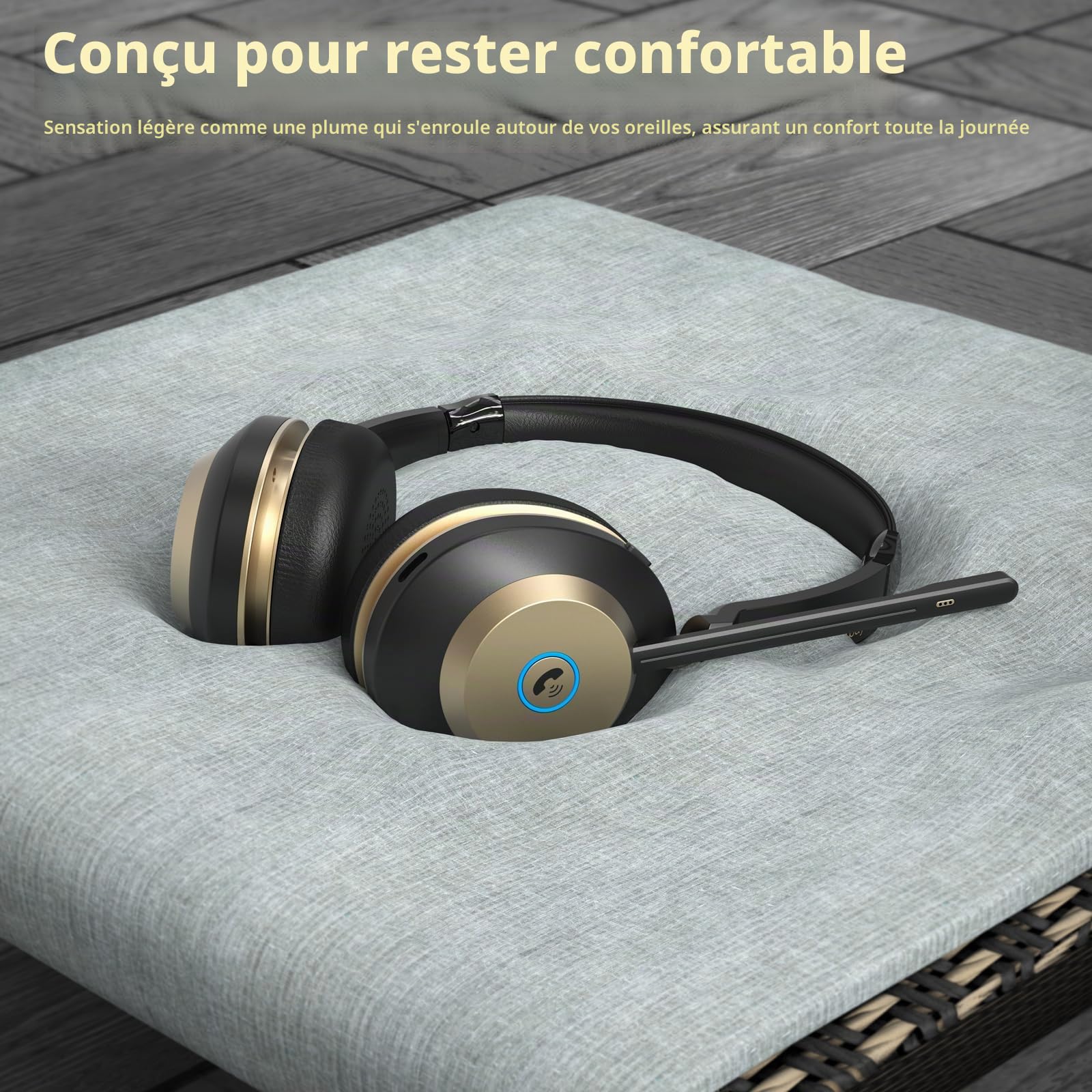 Casque Bluetooth sans fil avec microphone, casque supra-auriculaire avec micro antibruit/mute/station de charge/dongle USB, 45 heures, téléphones portables, équipes Skype Zoom