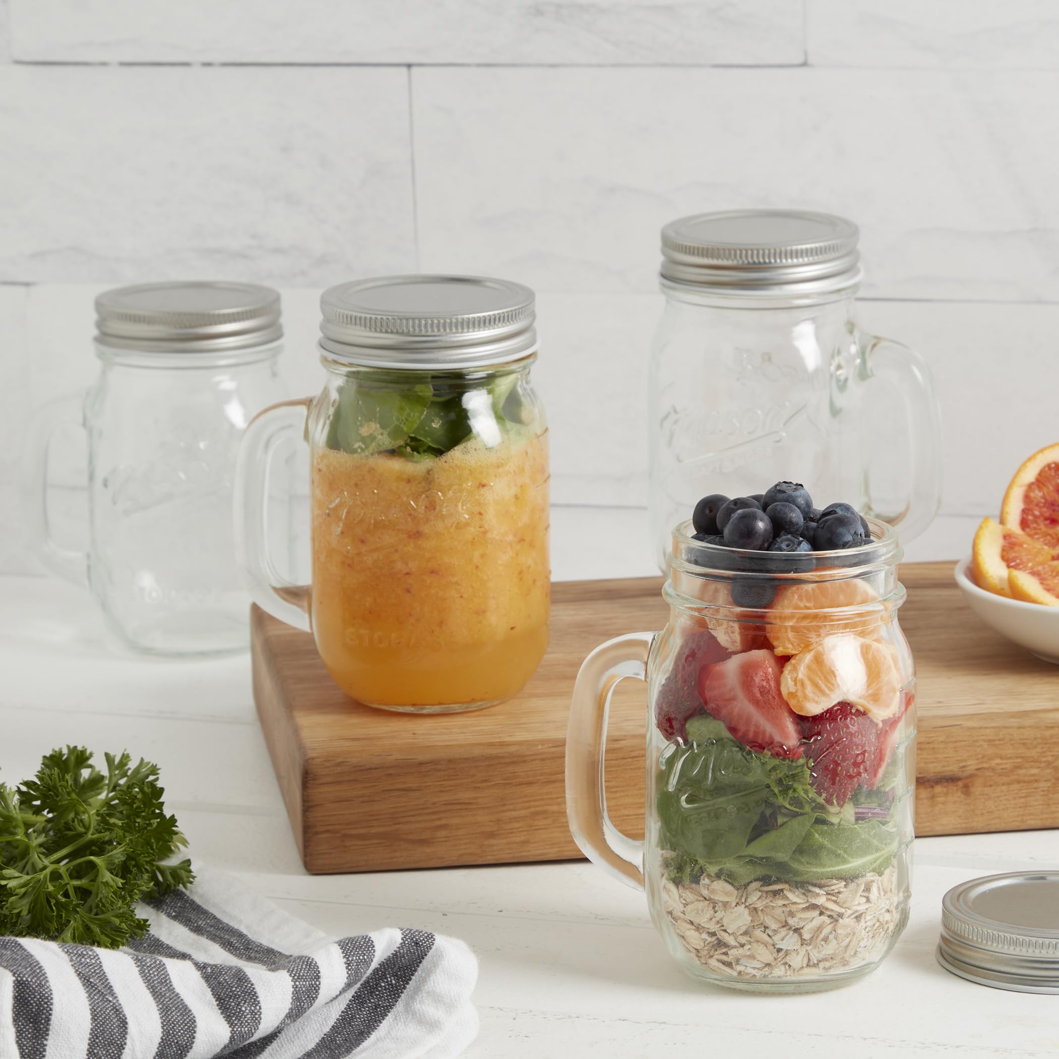 Mason Craft & More 8-Piece Glass Drinking Jars Tumblers Set with Handles Stainless Steel Lids, 16 oz.