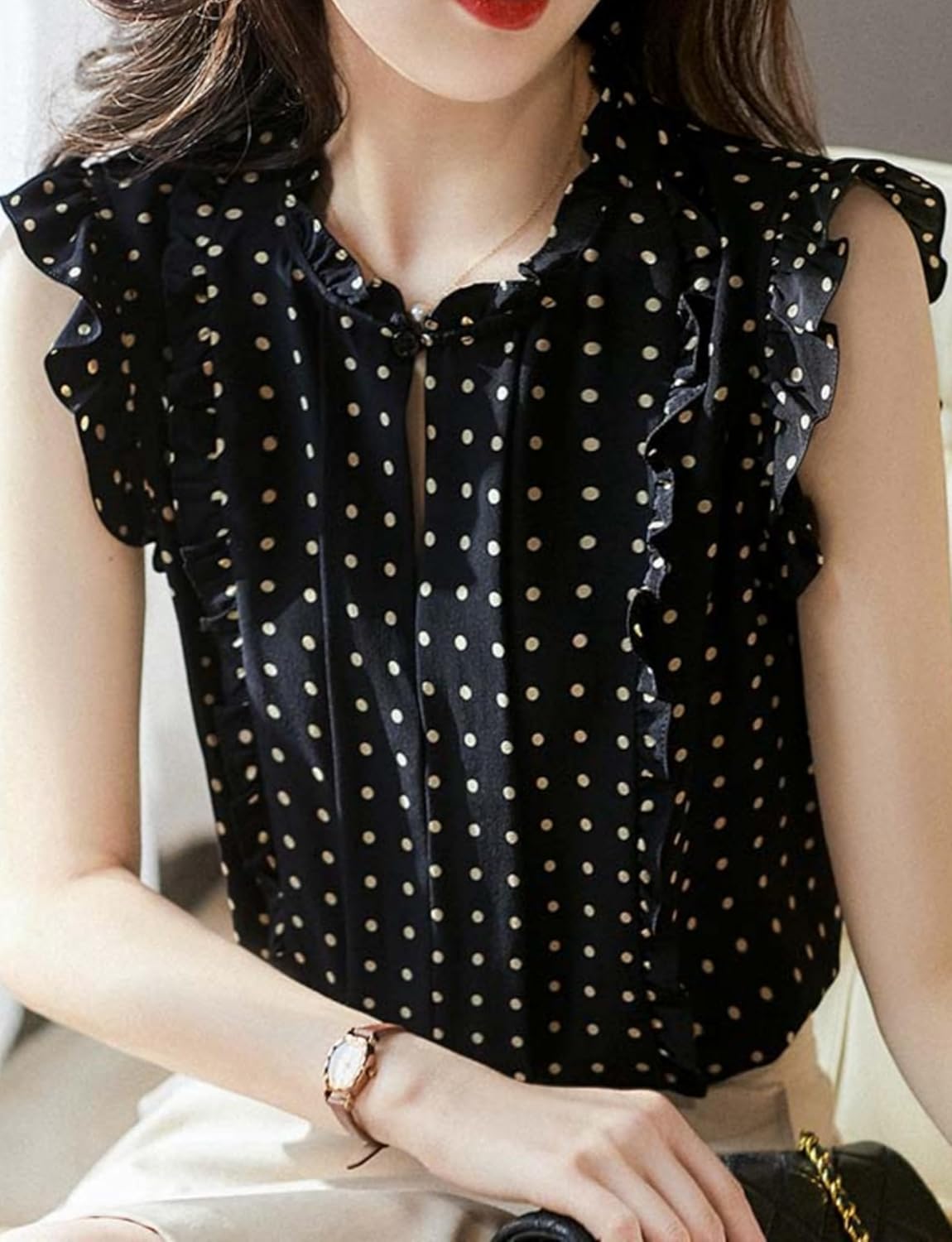 Womens Sleeveless Chiffon Blouses Summer Mock Neck Peasant Tops for Women Dressy - Image 2
