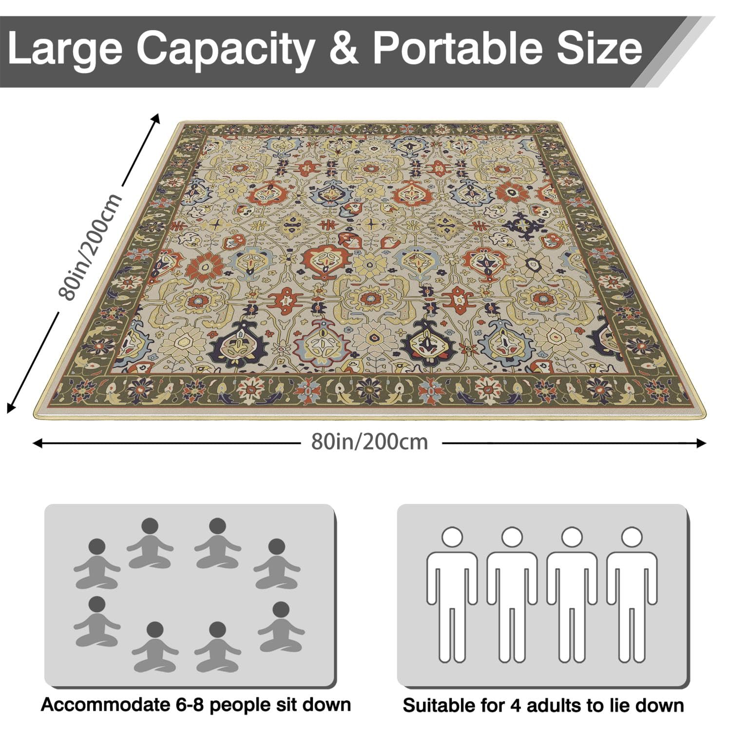 Couverture de pique-nique imperméable et pliable extra large, 203,2 x 203,2 cm, imperméable et anti-sable, 3 couches, légère et pratique, tapis fourre-tout pour pique-nique, camping à