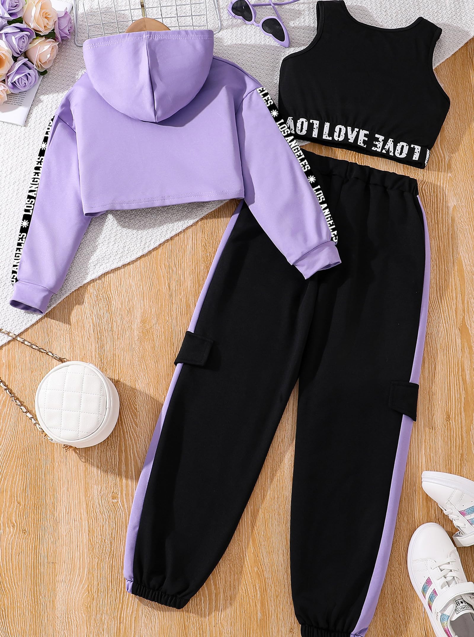 Hilinker 3-teiliges Outfit für Mädchen mit Kapuze, bauchfreies Tanktop und Sweatpants