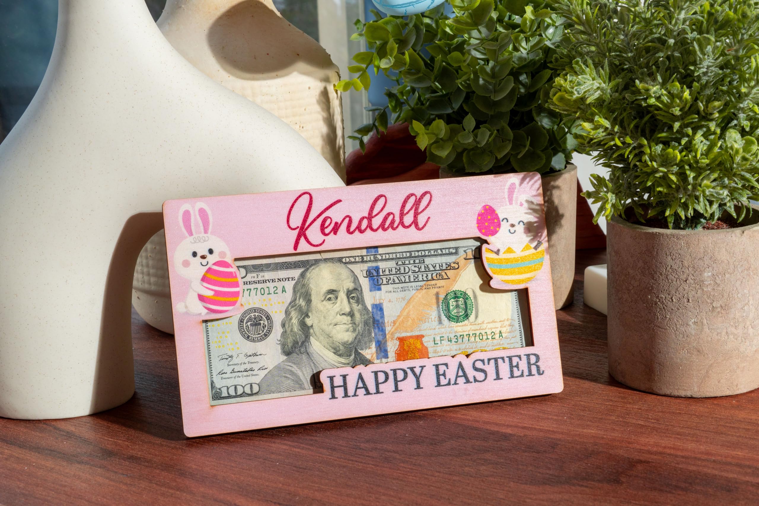Personalized Easter Money Holder for Boys or Girls with 10 Colors Options Name and 2 Lines Message Text, Custom Cute Bunny Rabbit Easter Money Holder, Custom Easter Money Holder