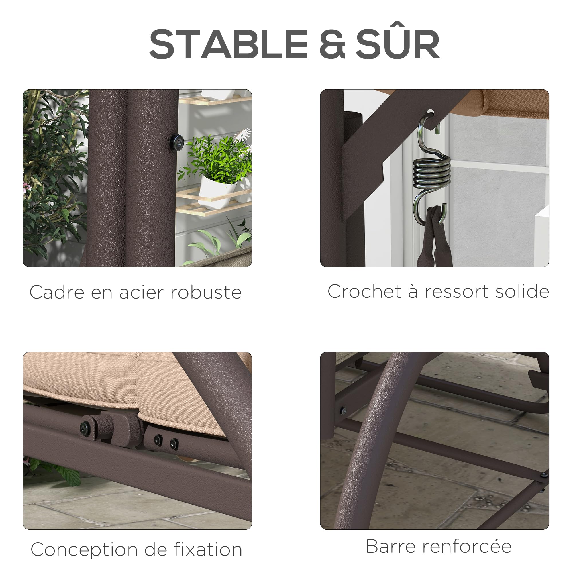 Outsunny Balancelle de Jardin Convertible 3 Places Grand Confort avec Coussins Toit réglable dim. 197L x 120l x 180H cm métal Polyester Kaki