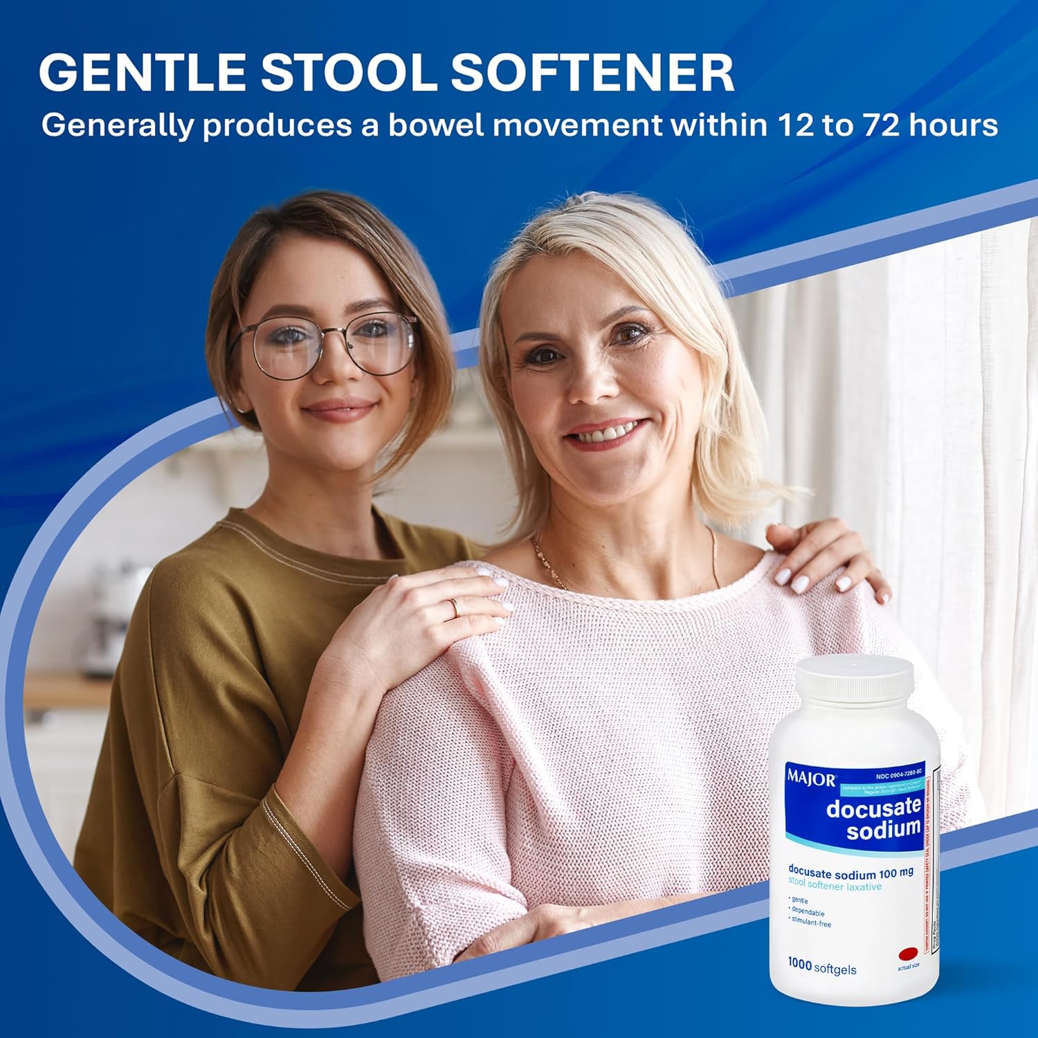 MAJOR Docusate Sodium 100mg, Stool Softener Laxative for Occasional Constipation Relief - Gentle, Dependable, Stimulant-Free, 1000 Softgels