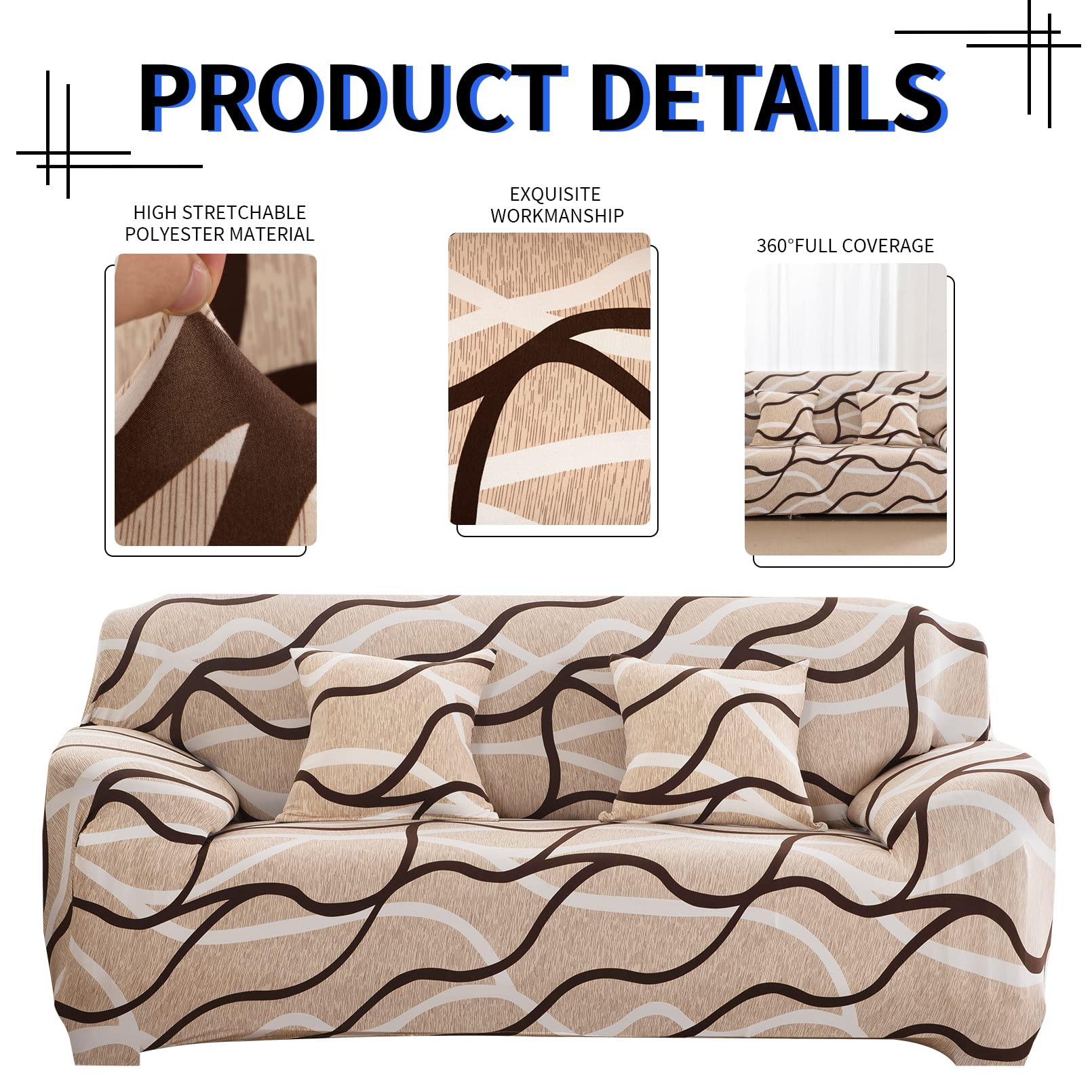 Lydevo Copridivano Elasticizzato 4 Posti Fodere Copri Divano con Braccioli con 2 Copricuscini Moderno Copridivano Fantasia Universale Antiscivolo Lavabile Divano Protector,Linee di Caffè
