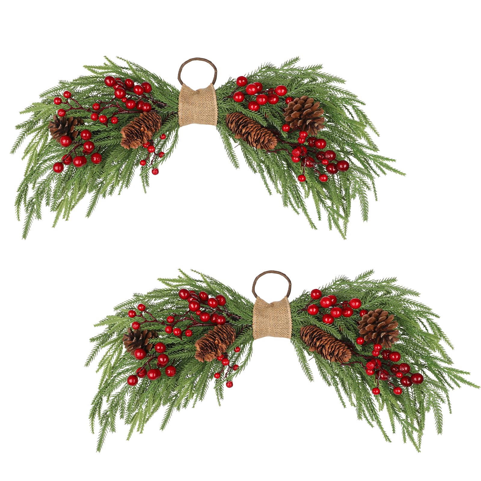 2er Set Künstliche Weihnachts-Swags mit Norfolk-Tanne, Roten Beeren & Zapfen, 60 cm Weihnachtsdeko für Tür, Kamin, Treppe, Fenster Weihnachten Dekoration
