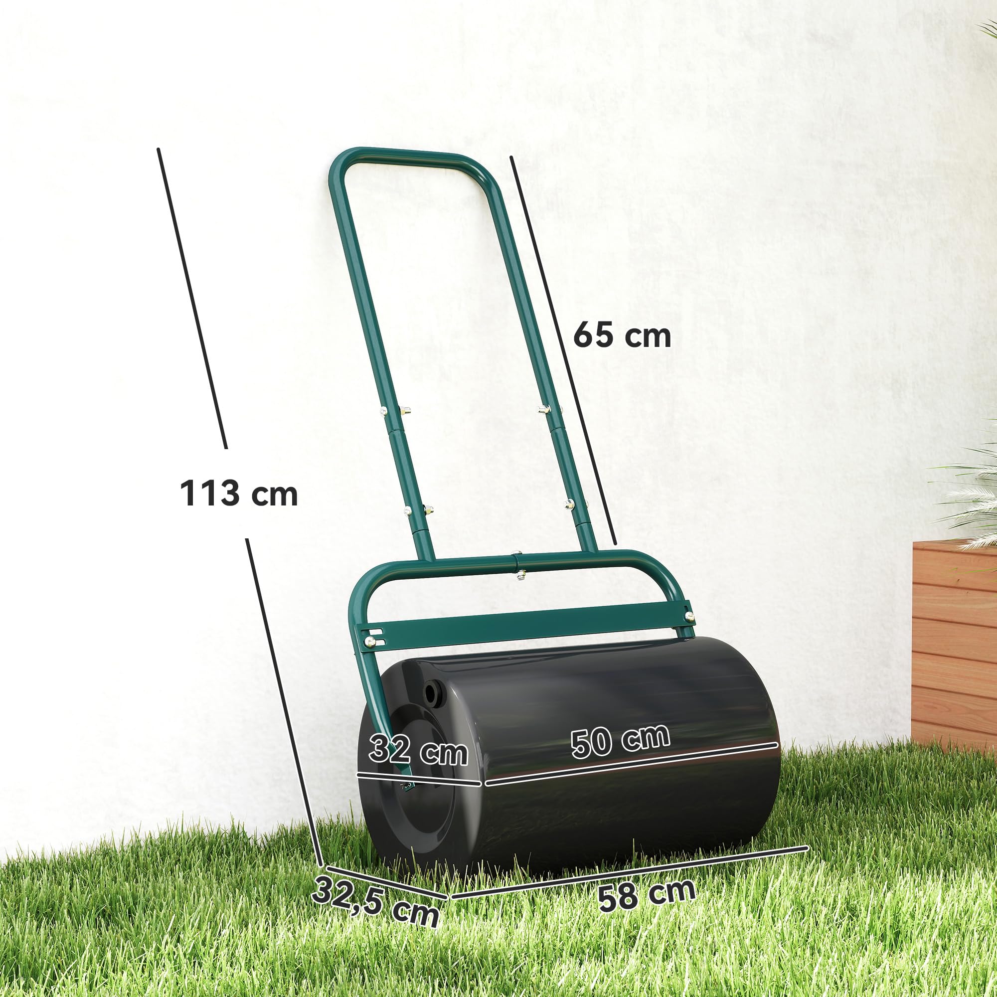 Outsunny Rullo per prato Rullo da giardino riempibile con acqua o sabbia, larghezza 50 cm manuale con impugnatura a U, capacità 38 litri, per prato in acciaio, agricolo per giardino