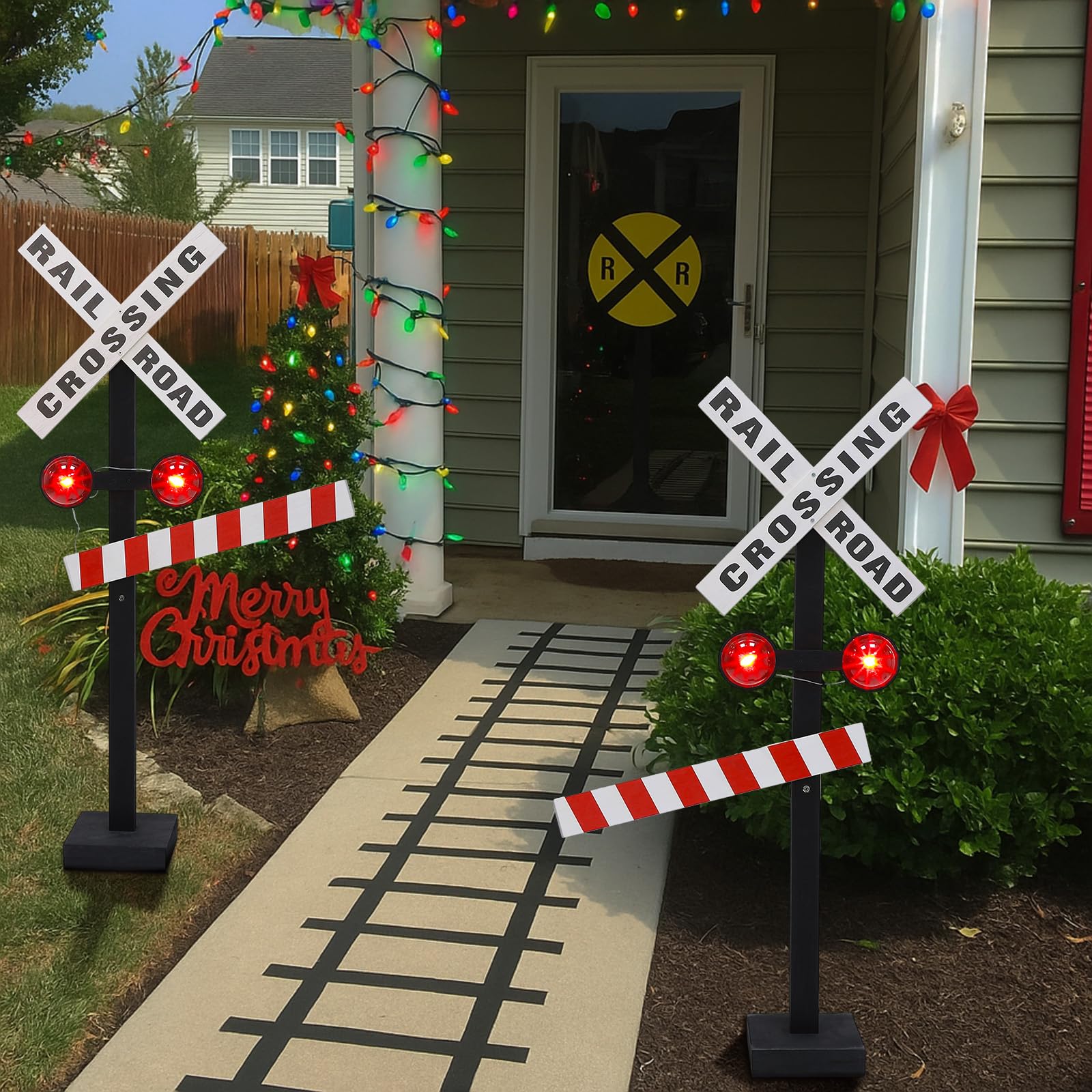 2 Pcs 47 Inch Railroad Crossing Sign with Flashing Lights Railroad Train Track Crossing Stop Signal Wonderland Railway Christmas Decor for Train Theme Party Supplies Photo Booth Prop