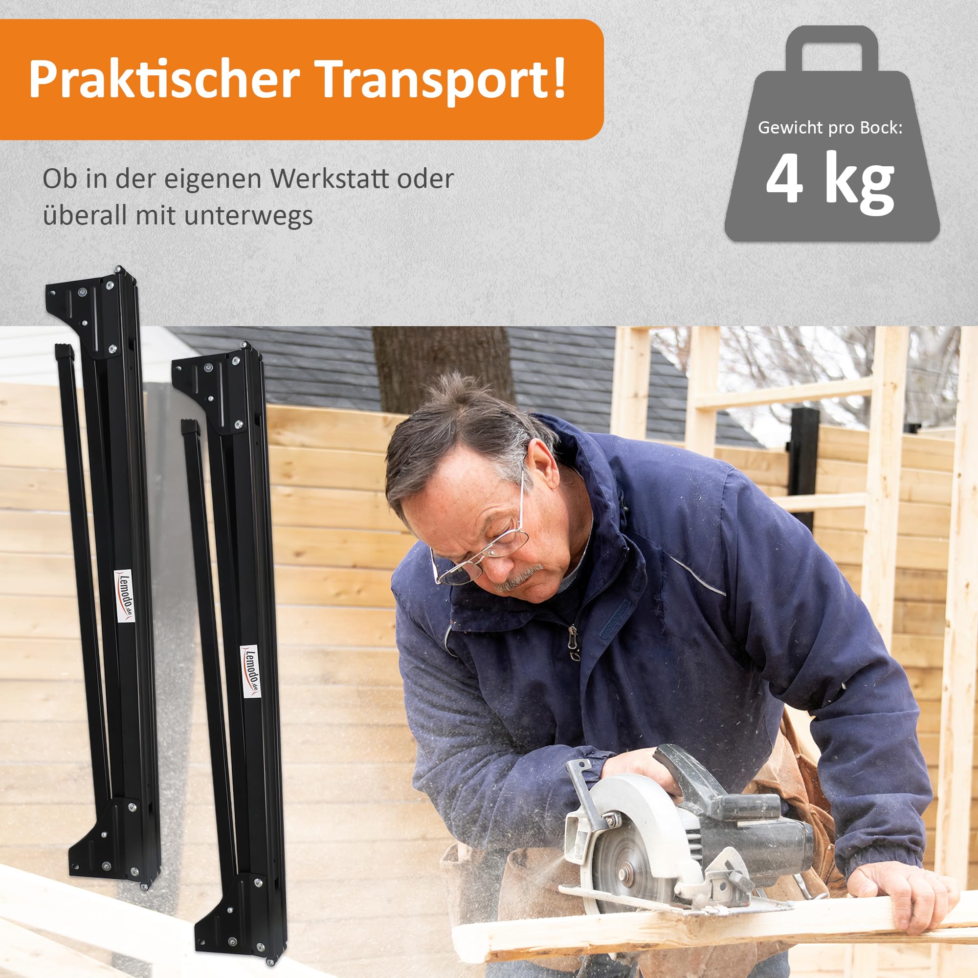 Lemodo Arbeitsbock 2er Set klappbar – Klappbock Stahl mit 400 kg Tragkraft pro Bock, Unterstellbock belastbar, Stabiler Montagebock, Sägebock kompakt mit klappbaren Stützarmen