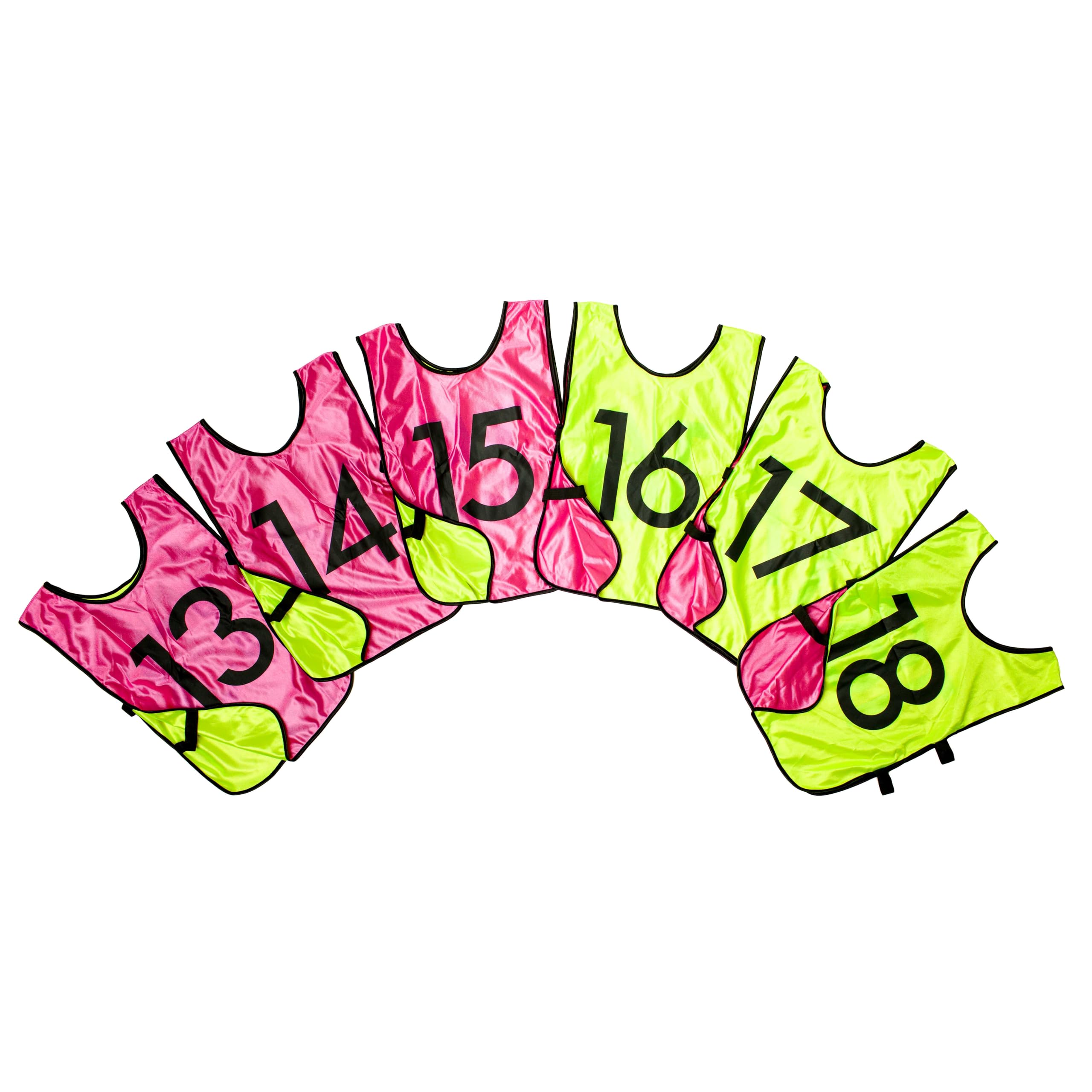 LVL10 Pro Sports Pinnies - Reversible Numbered Pinnies with Premium Fabric, Comfortable Fit and Fade-Resistant Print - Adults Kids (Large, 6 Pack (13-18), Pink/Neon Yellow)
